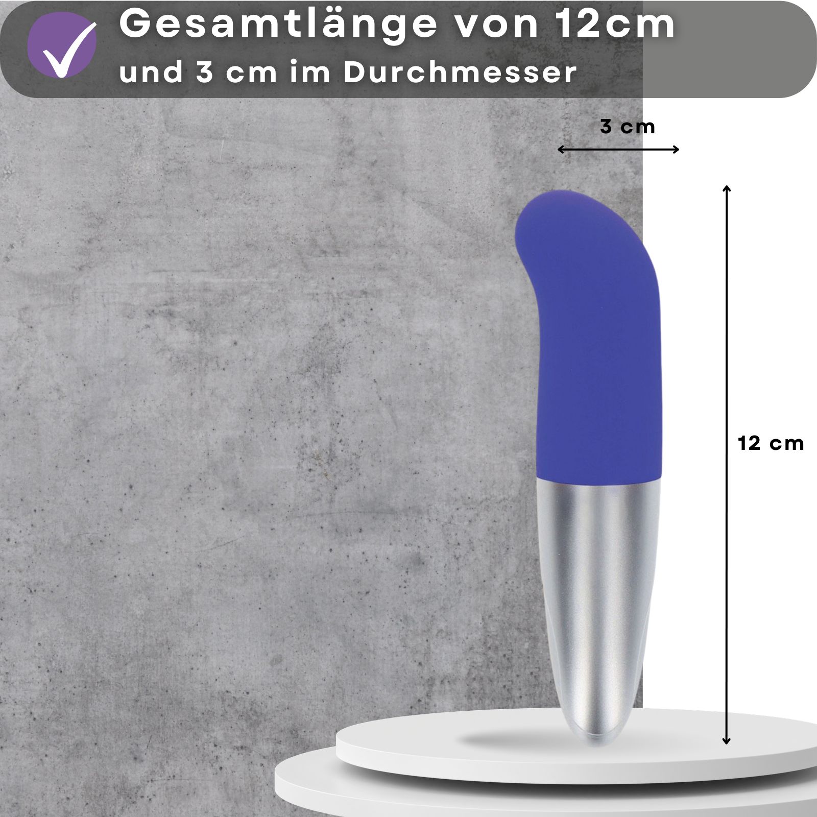 Blauer Vibrator mit silbernem Ende. Gesamtlänge 12 cm, Durchmesser 3 cm.