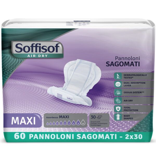 Confezione Soffisof Pannoloni Sagomati Maxi. 60 pezzi, 2x30. Caratteristiche: Air Dry, dermatologicamente testato, doppio strato assorbente.