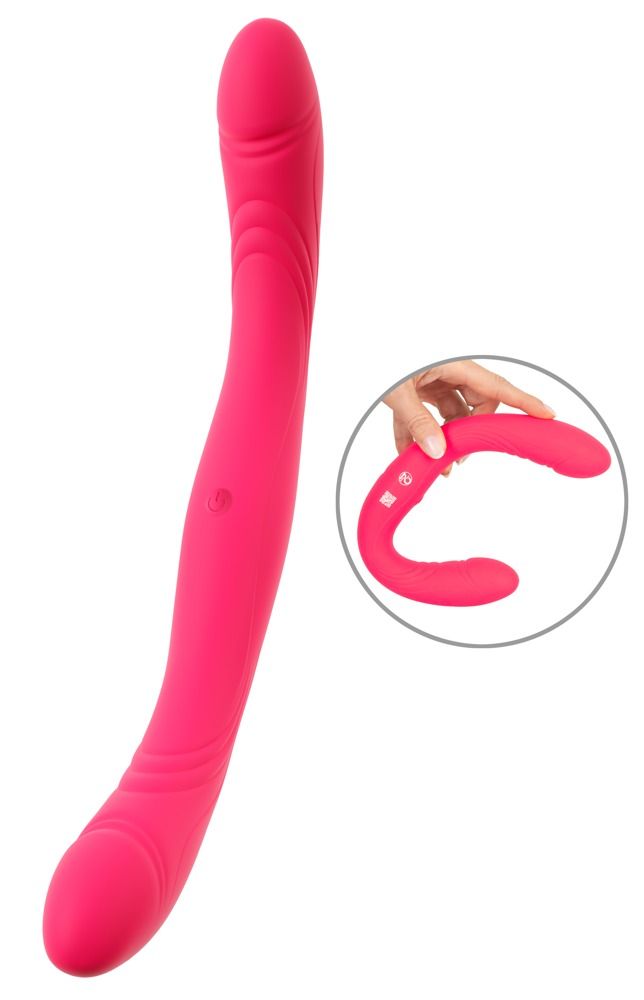 Ein gebogener, pinker Vibrator mit Rillenmuster und einem Knopf.