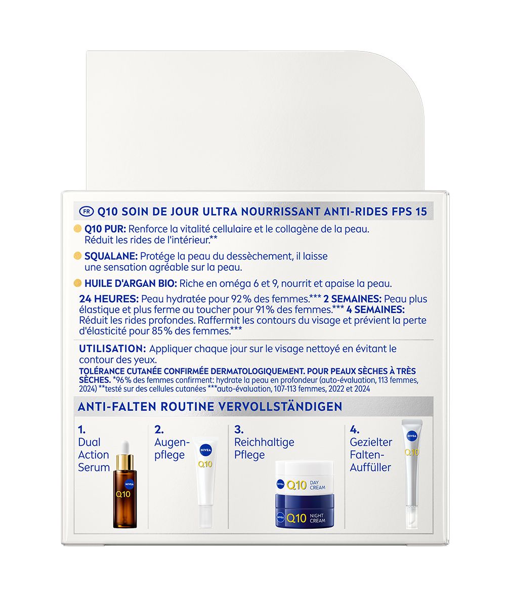 Rückseite der Verpackung NIVEA Q10 Anti-Falten Extra-Reichhaltige Tagespflege LSF 15.