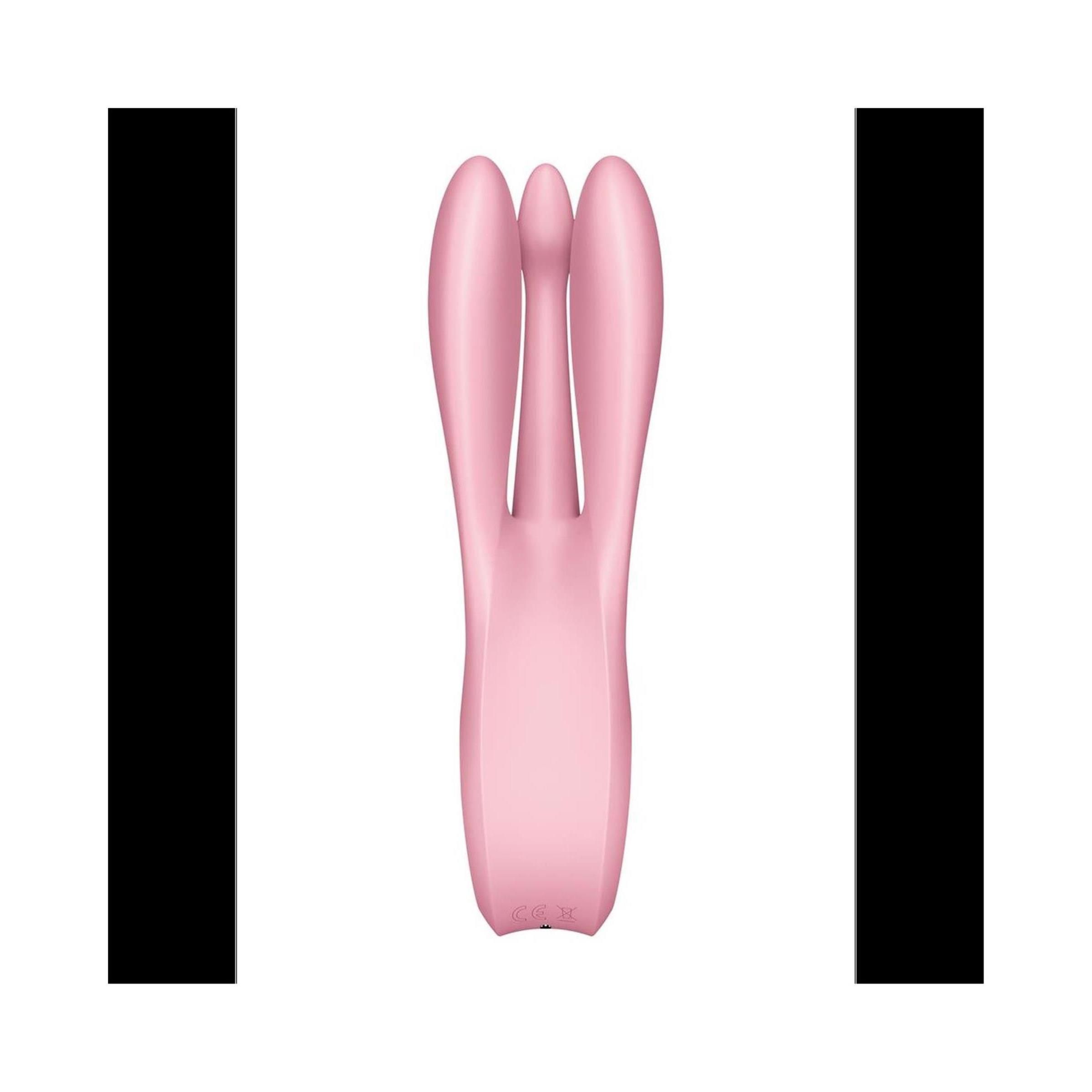 Rosa Vibrator mit drei abgerundeten Enden. Vertikale Ansicht.