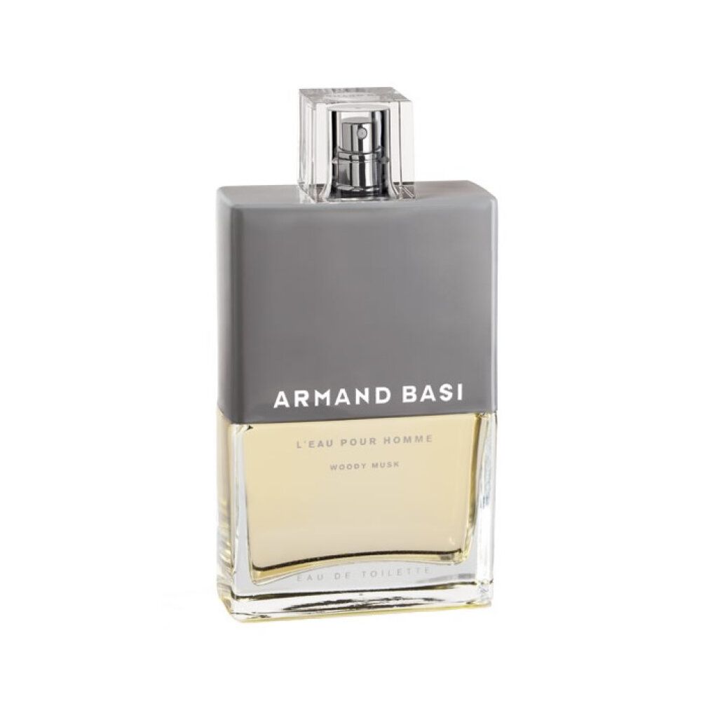 Rechteckiger Flakon mit grauem Deckel. Aufschrift: Armand Basi, L'Eau Pour Homme, Woody Musk. Transparenter Sprühkopf.