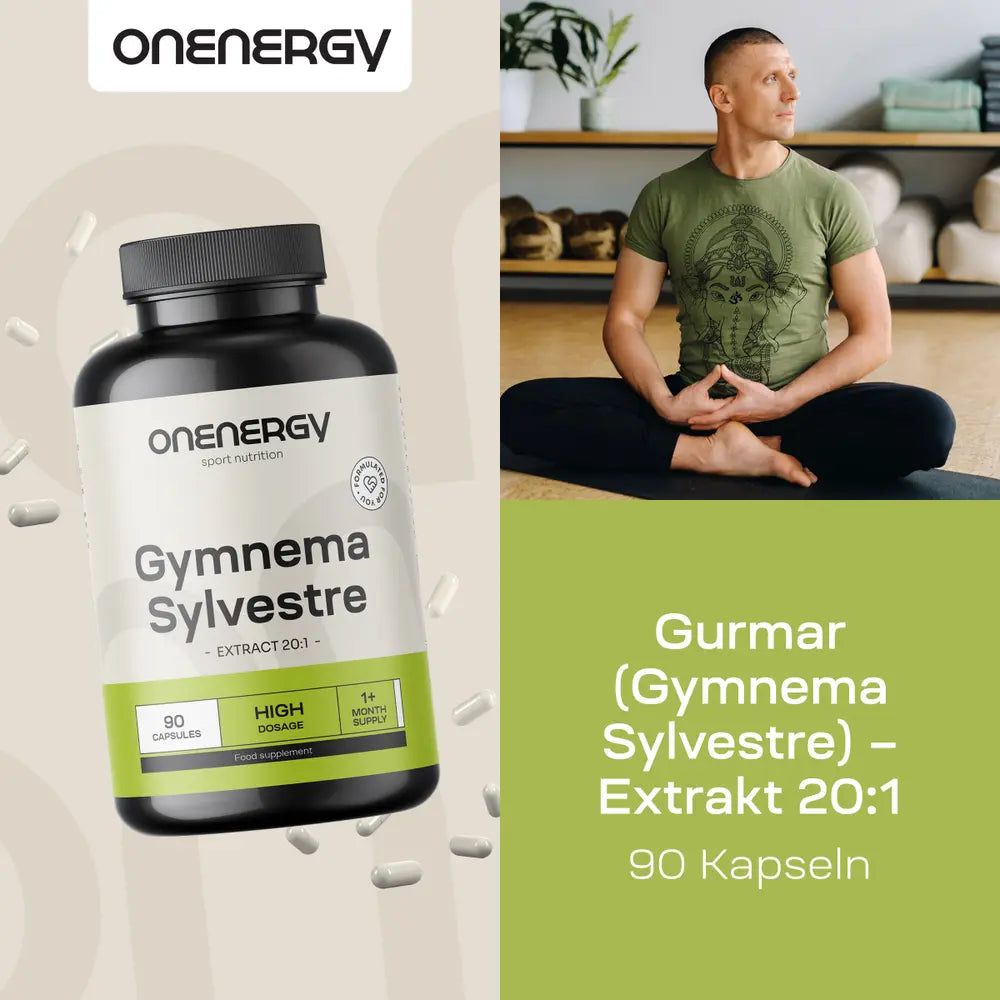 Produktflasche und Mann beim Yoga. Aufschrift: OnEnergy, Gymnema Sylvestre Extrakt 20:1, 90 Kapseln. Text: Gurmar (Gymnema Sylvestre) - Extrakt 20:1.