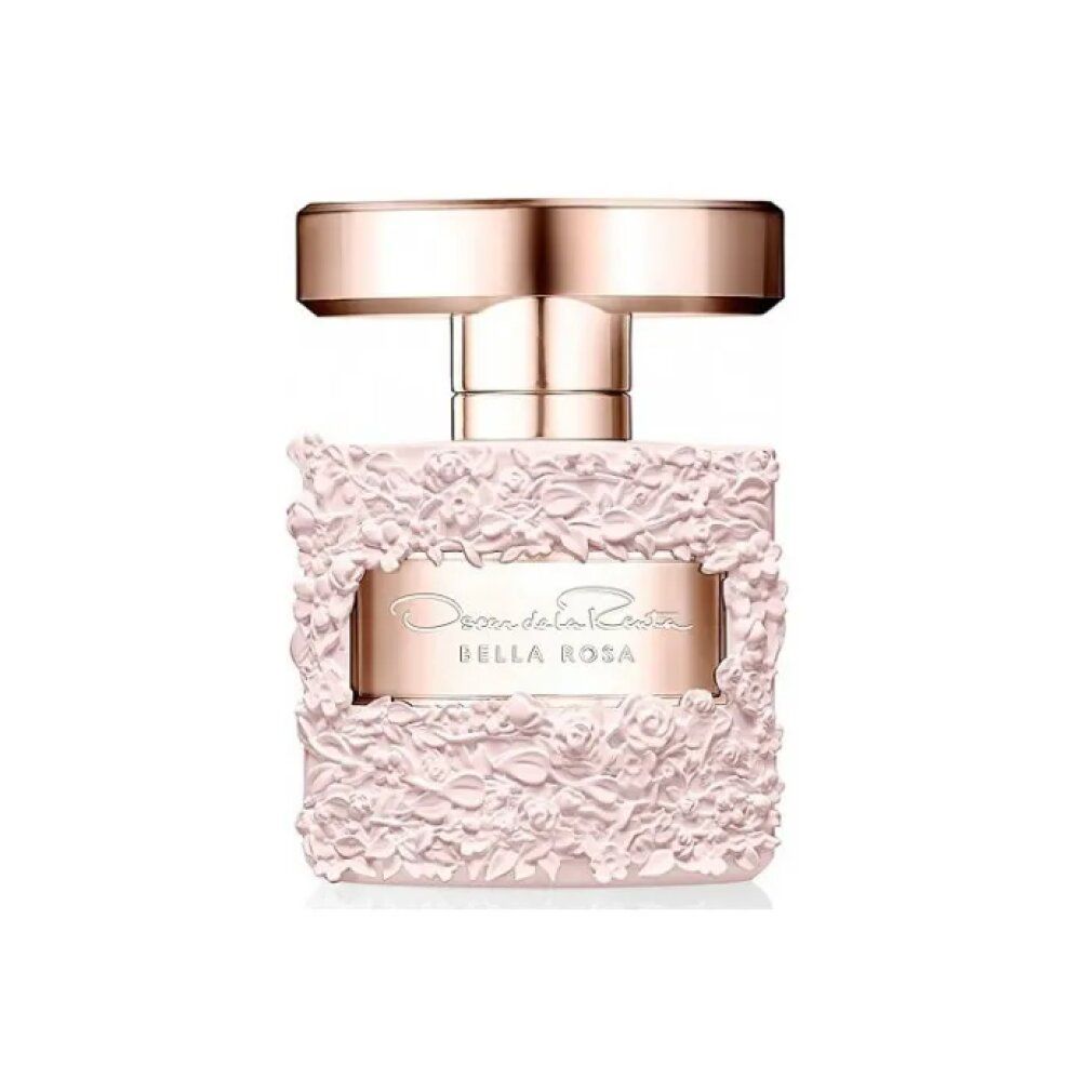 Rosa Parfümflakon mit floralem Relief. Goldfarbene Kappe. Aufschrift: Oscar de la Renta Bella Rosa.