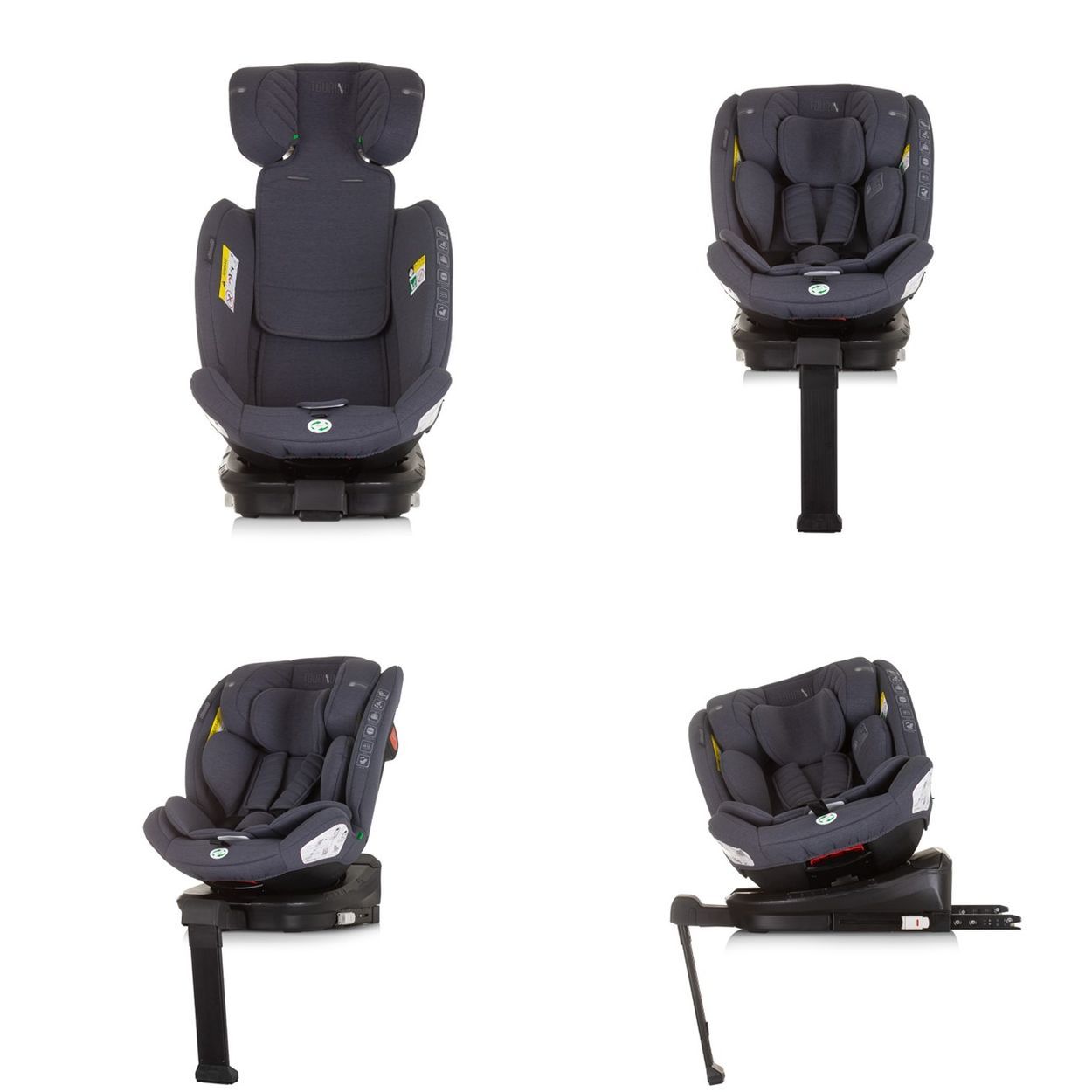 Detailansicht der drehbaren Basis eines grauen Kindersitzes mit Verstellmechanismus.