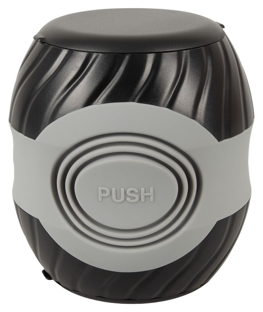 Schwarzes, zylindrisches Produkt mit gewellter Oberfläche und grauem Band mit "PUSH"-Taste. Oberseite schwarz.