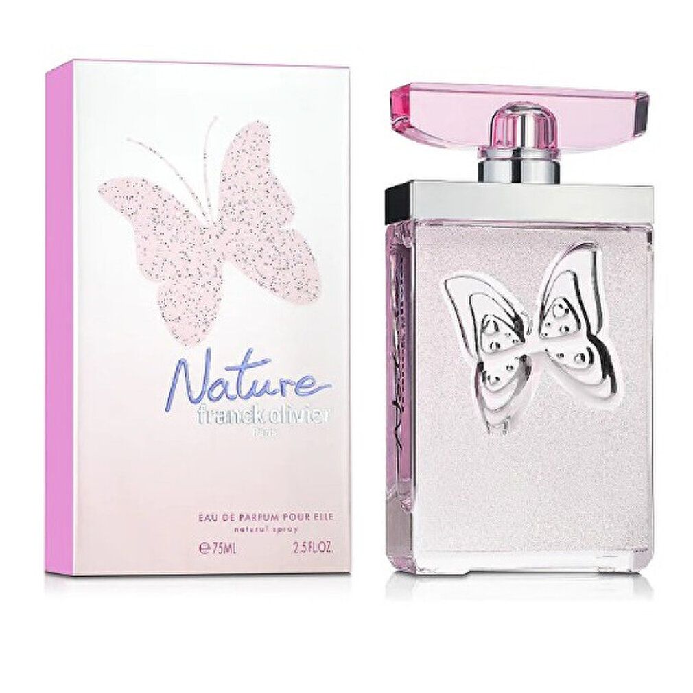 Parfümflakon und Verpackung. Flakon mit Schmetterling-Relief. Verpackung mit Schmetterling-Design und Schriftzug Nature.