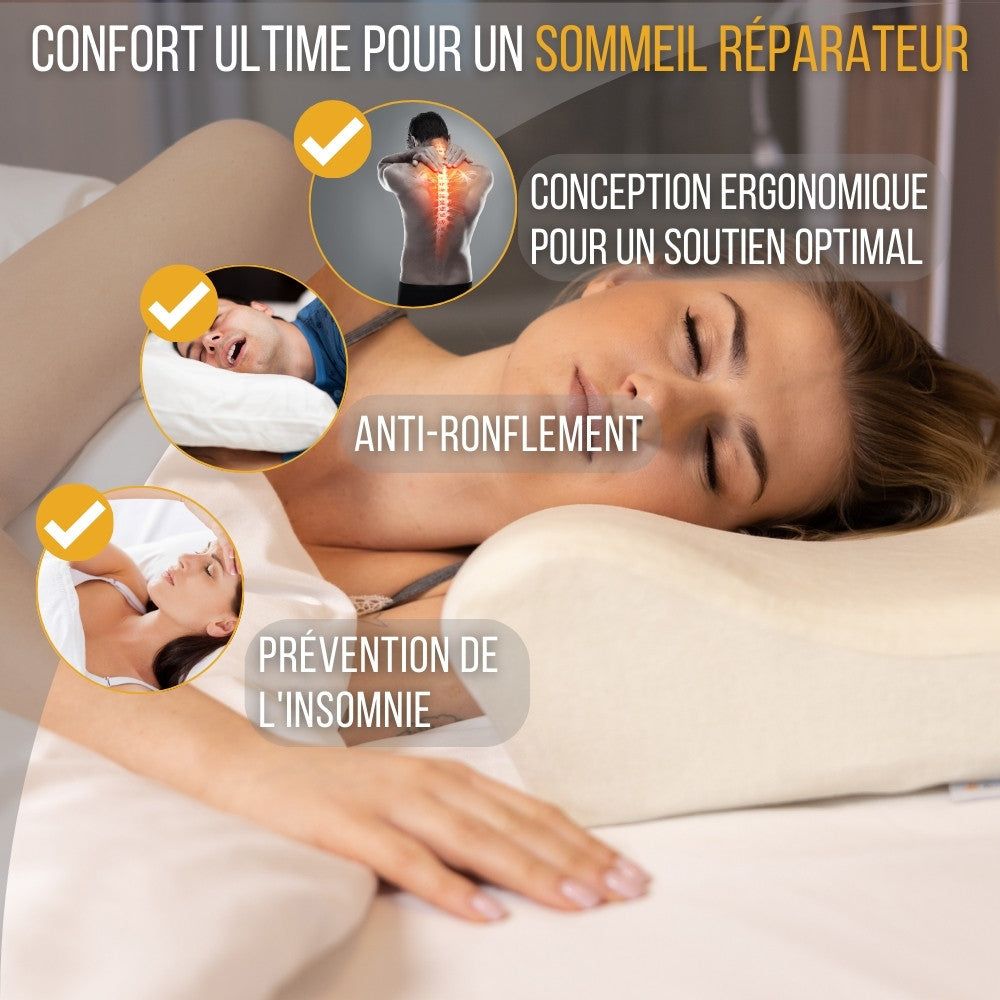 Femme dormant sur un oreiller cervical. Texte : Ultima comfort pour un sommeil réparateur. Design ergonomique. Anti-ronflement.