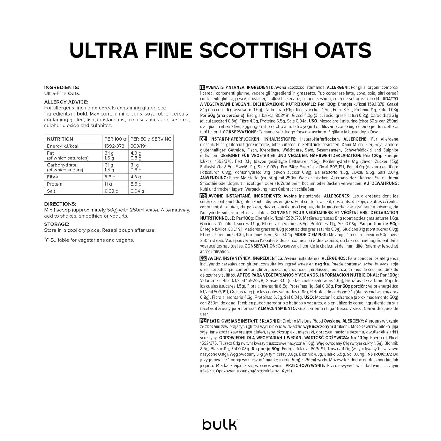 Textseite mit Informationen zu "Ultra Fine Scottish Oats". Enthält Nährwertangaben, Zutatenliste und Hinweise.