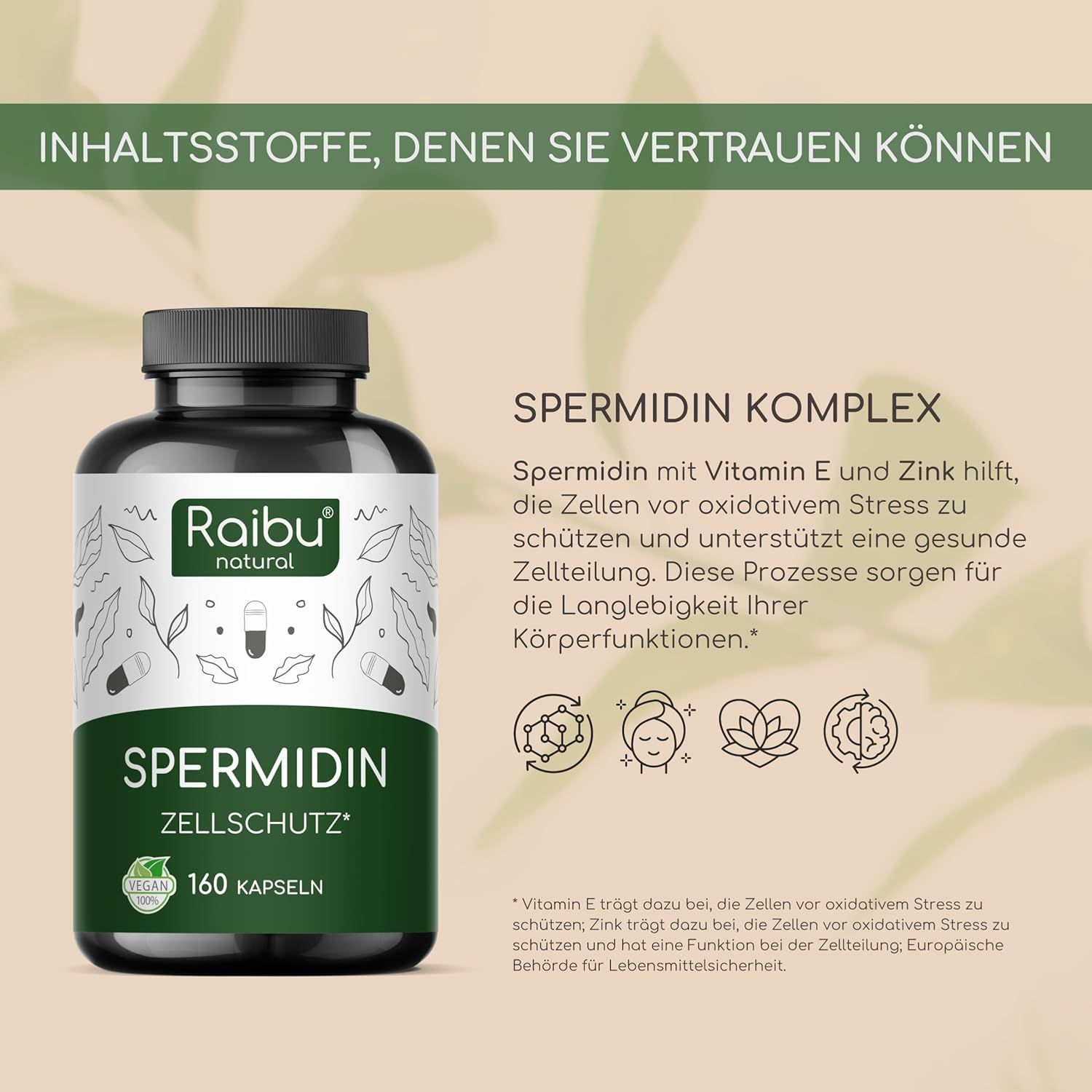 Braune Flasche mit grünem Etikett. Text: Spermidin, Zellsutz, 160 Kapseln. Raibu natural Logo. Vegan-Siegel. Text über Inhaltsstoffe.
