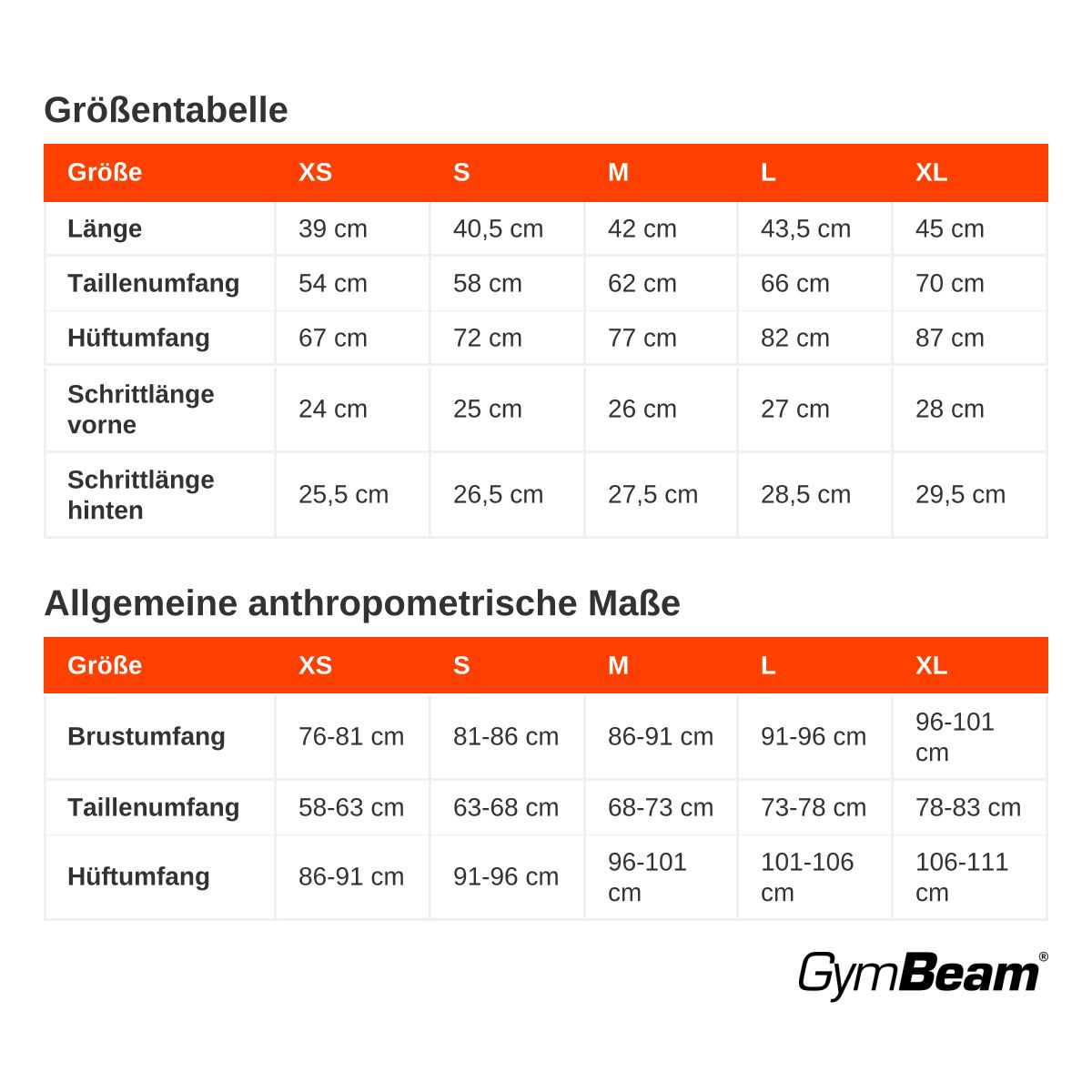 Größentabelle für nahtlose Damen-Shorts mit hoher Taille und Slim Fit.