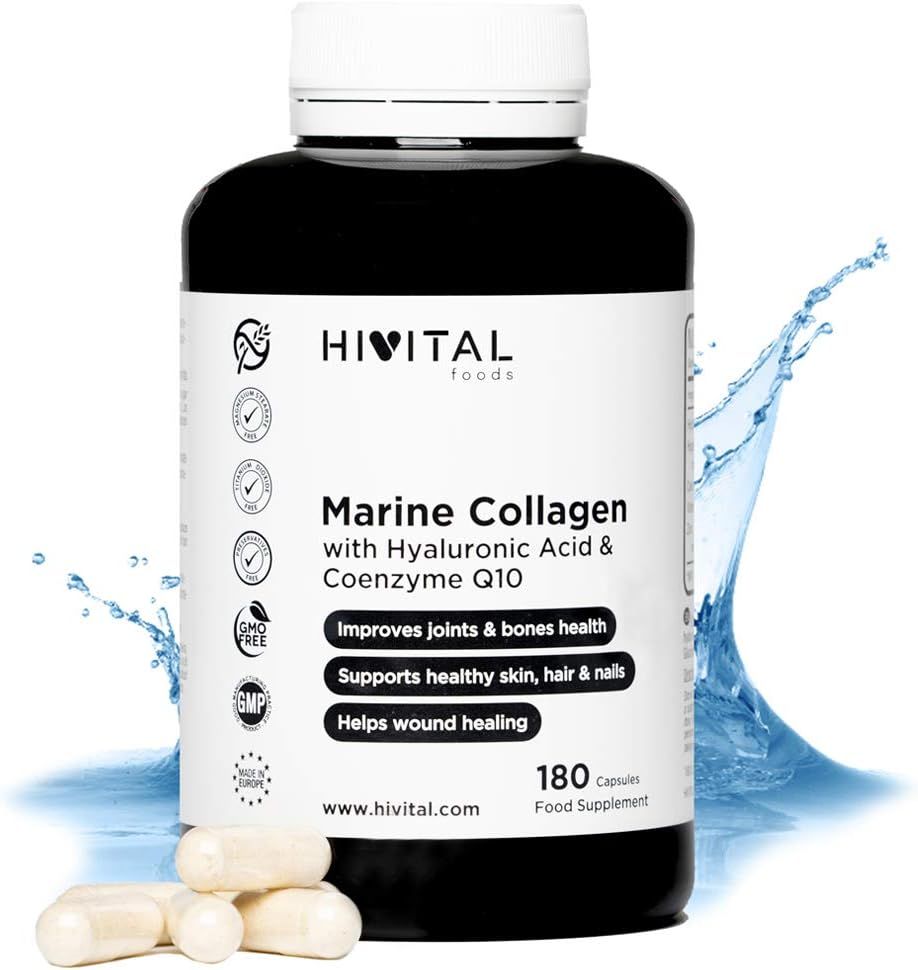 Schwarze Flasche mit weißem Etikett. Aufschrift: HIVITAL Marine Collagen. Enthält 180 Kapseln. Mit Wasser-Effekt.