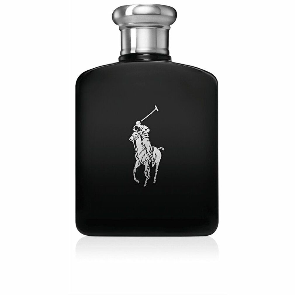 Schwarze Flasche mit silbernem Verschluss und Logo. Rechteckige Form.