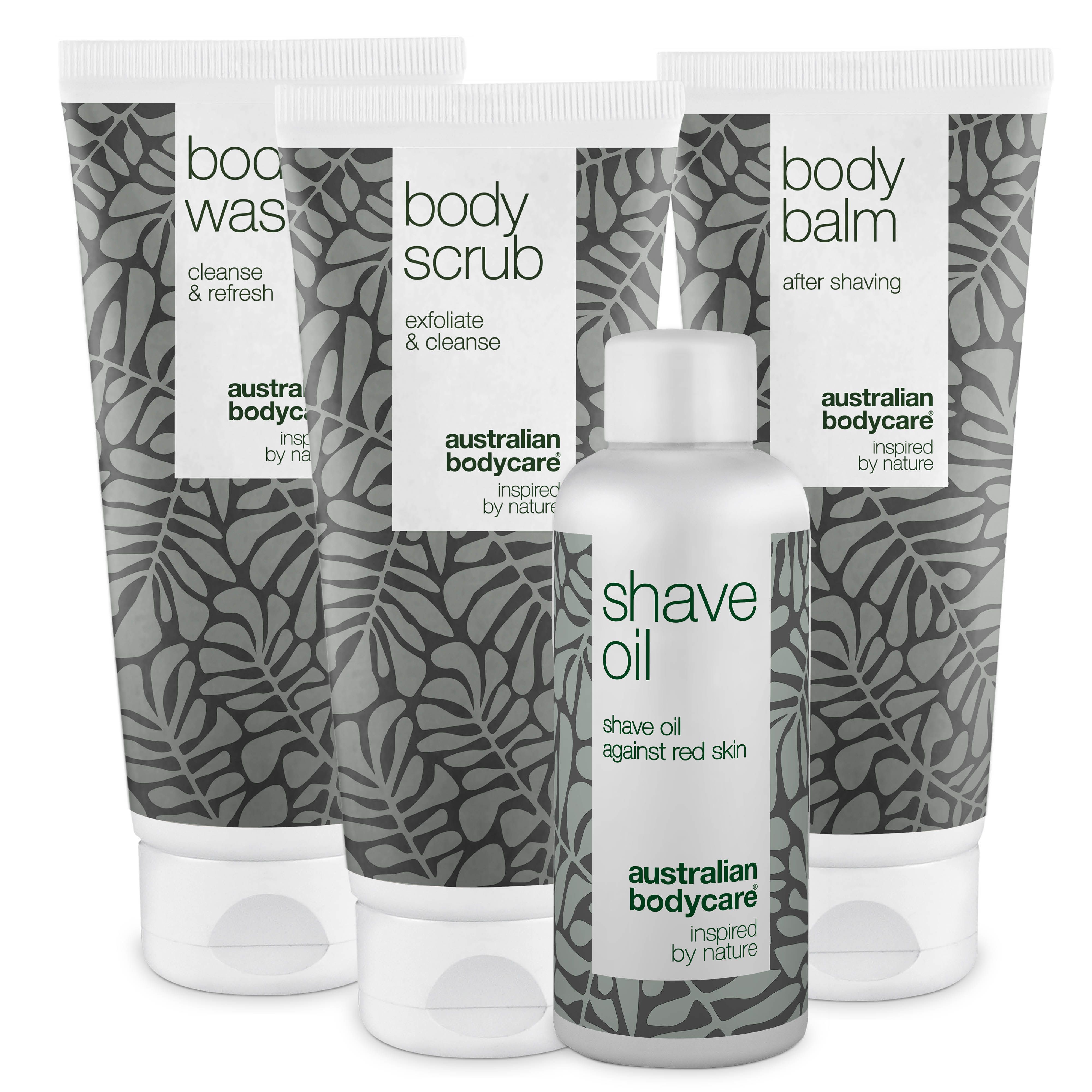 Vier Produkte: Body Wash, Body Scrub, Body Balm und Shave Oil. Alle in weißen Tuben und Flaschen mit Blättermuster.