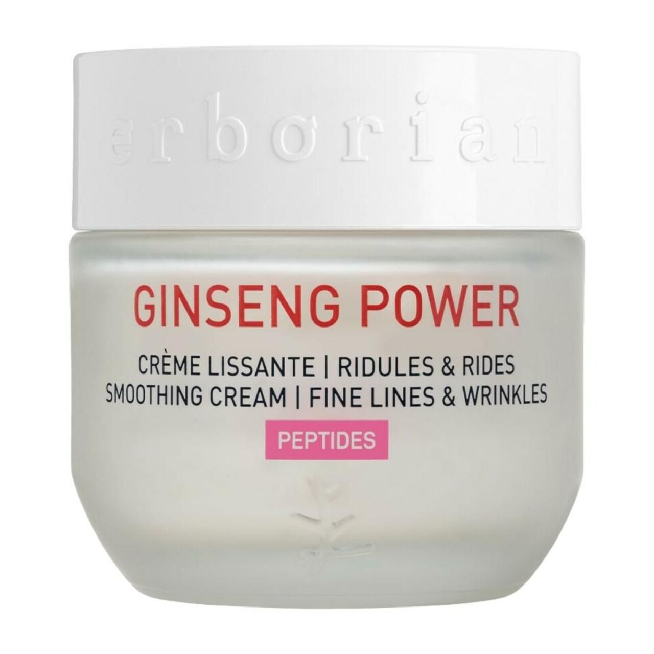 Creme-Glas mit weißem Deckel. Aufschrift: Ginseng Power, Crème Lissante, Smoothing Cream, Peptides.