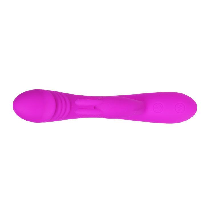 Lila Vibrator mit Kaninchenohren-Design. Längliche Form mit abgerundetem Ende und Bedienknöpfen.