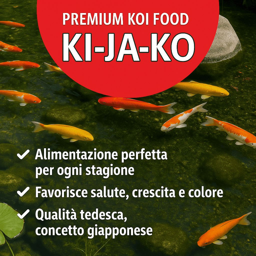 KI-JA-KO mangime premium per koi. Pesci koi in acqua. Testo: Nutrizione perfetta, salute, qualità.