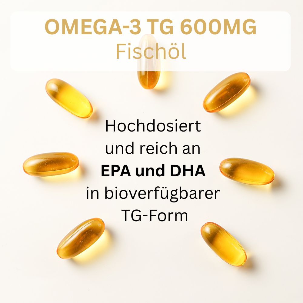 Kapseln mit Fischöl. Text: Omega-3 TG 600mg, EPA und DHA. Hochdosiert und reich an EPA und DHA in bioverfügbarer TG-Form.