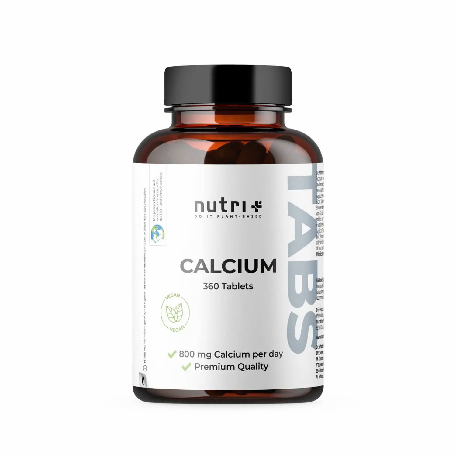 Braune Flasche mit schwarzen Deckel. Auf dem Etikett steht "Calcium 360 Tablets" und das Logo von nutri+. Vegan-Siegel.
