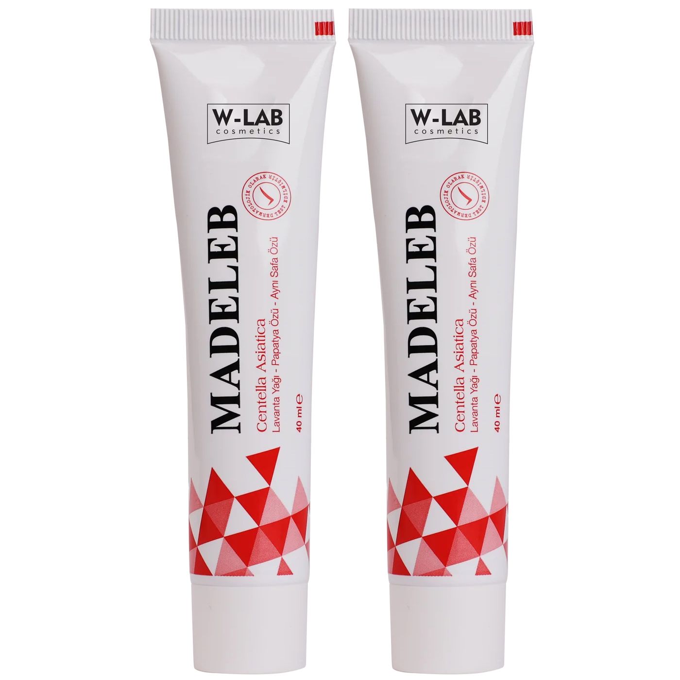 Zwei Tuben mit Produktnamen und Inhaltsstoffen. Marke W-LAB. Rote und weiße geometrische Muster. 40 ml.