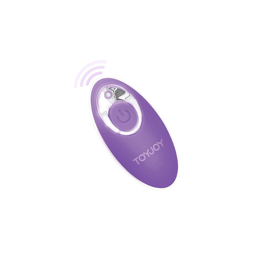 Lila Fernbedienung mit Logo 'TOYJOY'. Ein-Aus-Taste und Bedienelemente.