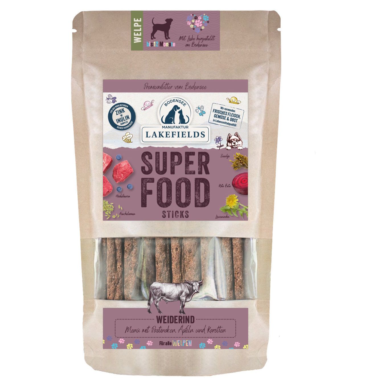 Lakefields - Superfood Premium Sticks vom Rind für Welpen 130 g