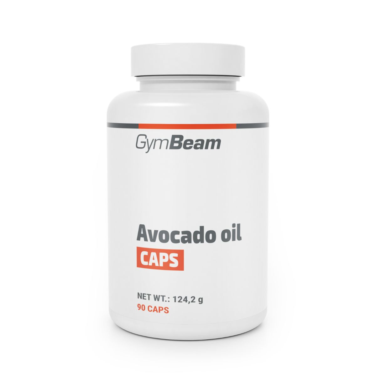 GymBeam Avocadoöl Kapseln in weißem Behälter mit rotem und grauem Streifen. Enthält 90 Kapseln.