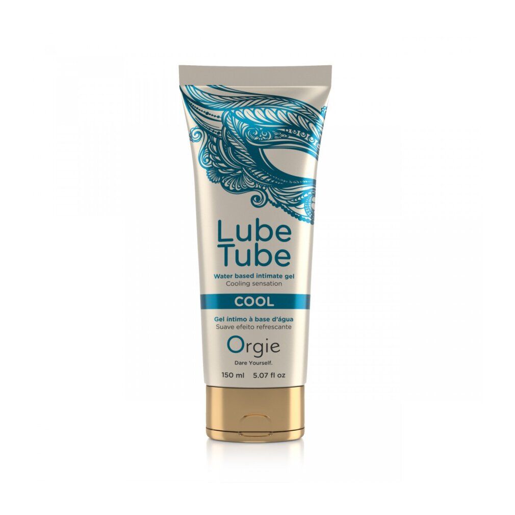 Tube Lube Tube Cool. Text: Water based intimate gel. Marke: Orgie. Goldfarbener Verschluss.