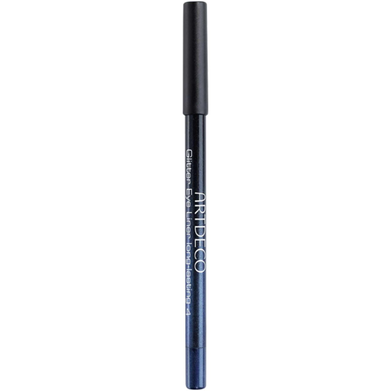 Blauer Artdeco Glitter Eye Liner Long-Lasting 4. Stift mit schwarzer Kappe. Produktname und Marke sichtbar.