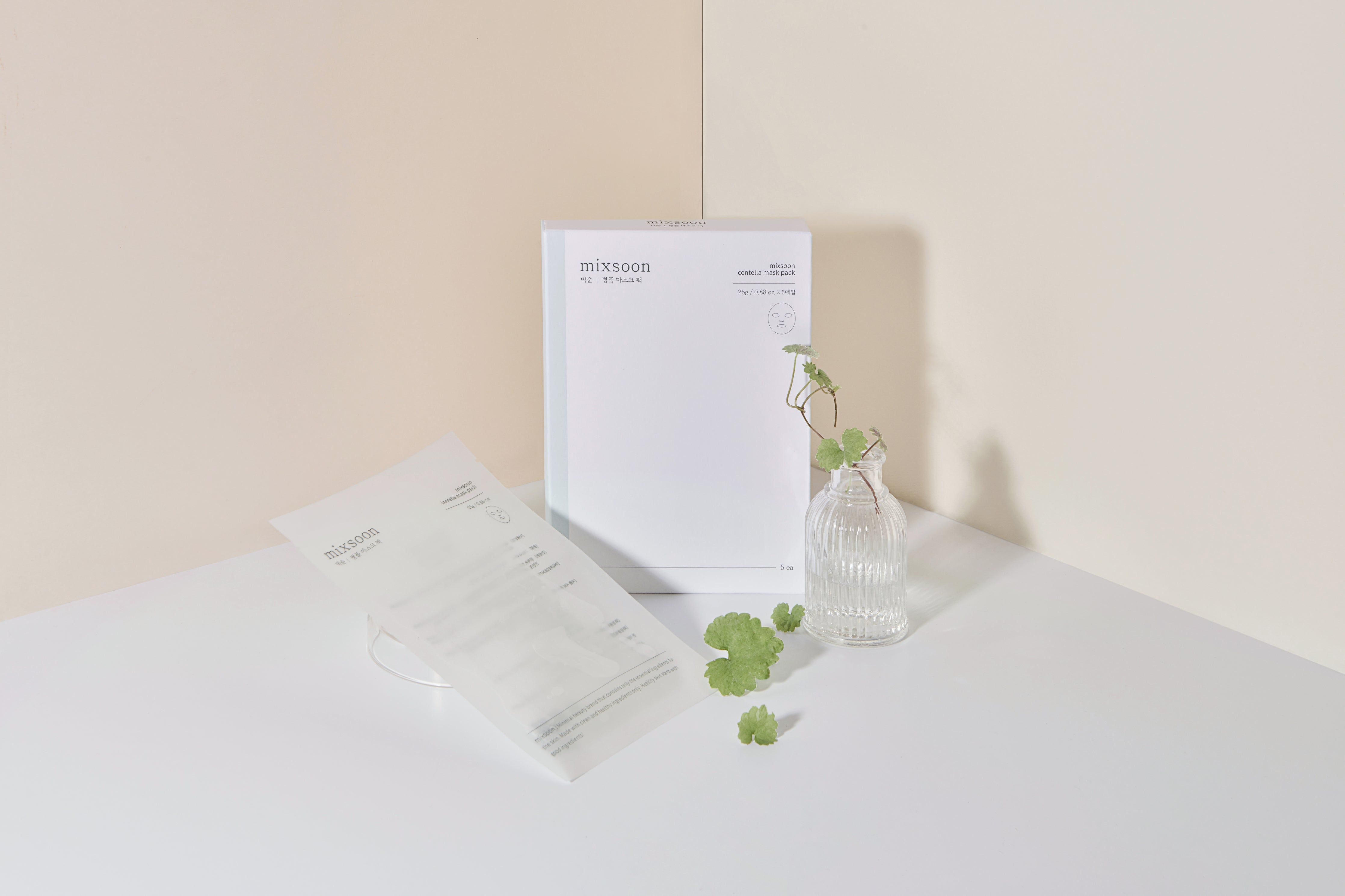 Mixsoon Centella Mask Pack-Verpackung. Weißes, rechteckiges Paket. Daneben eine transparente Vase mit grünen Blättern.