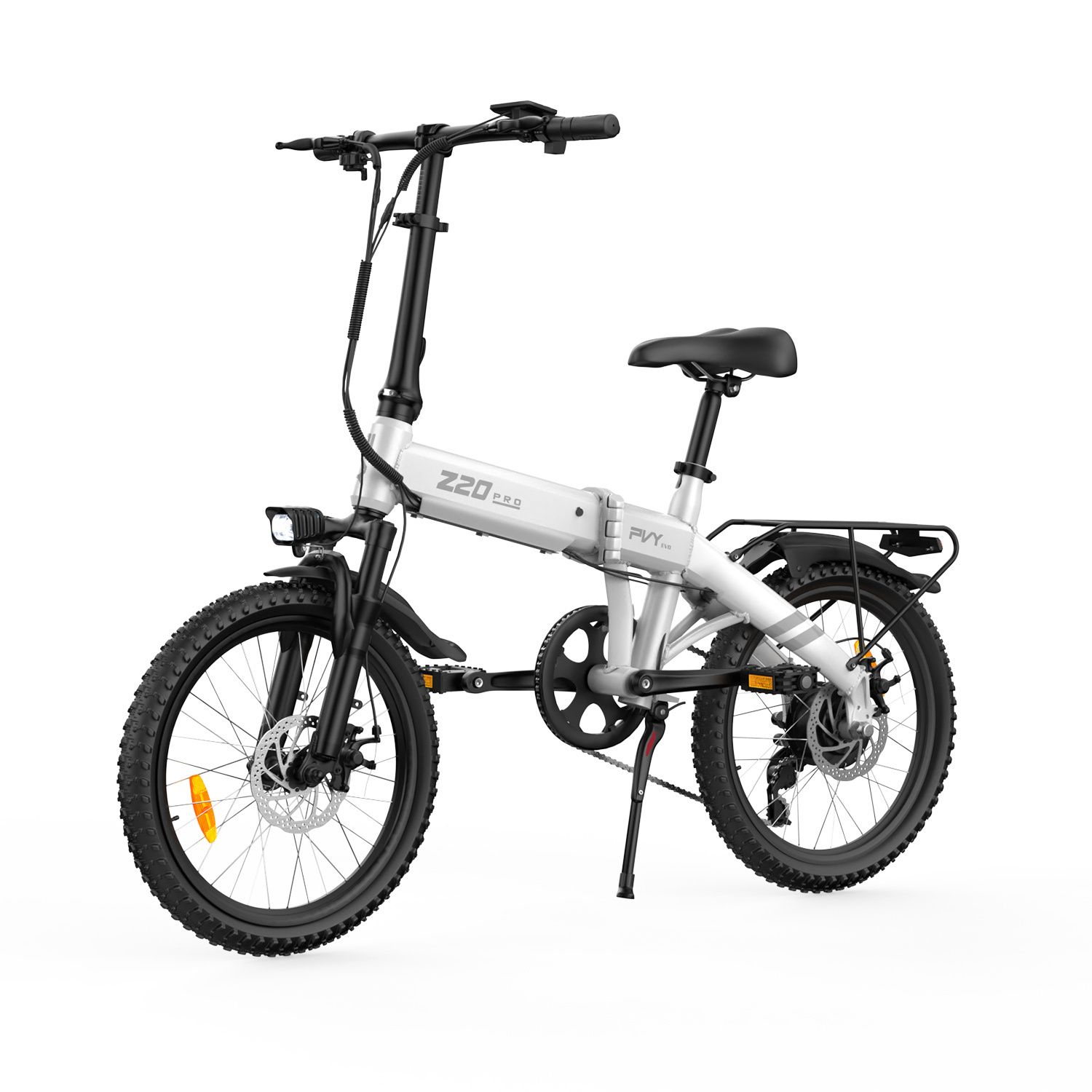Faltbares E-Bike, weiß mit schwarzen Elementen. Sichtbar: Z20, PVY-Logo, Gepäckträger, Scheinwerfer, Schutzbleche.