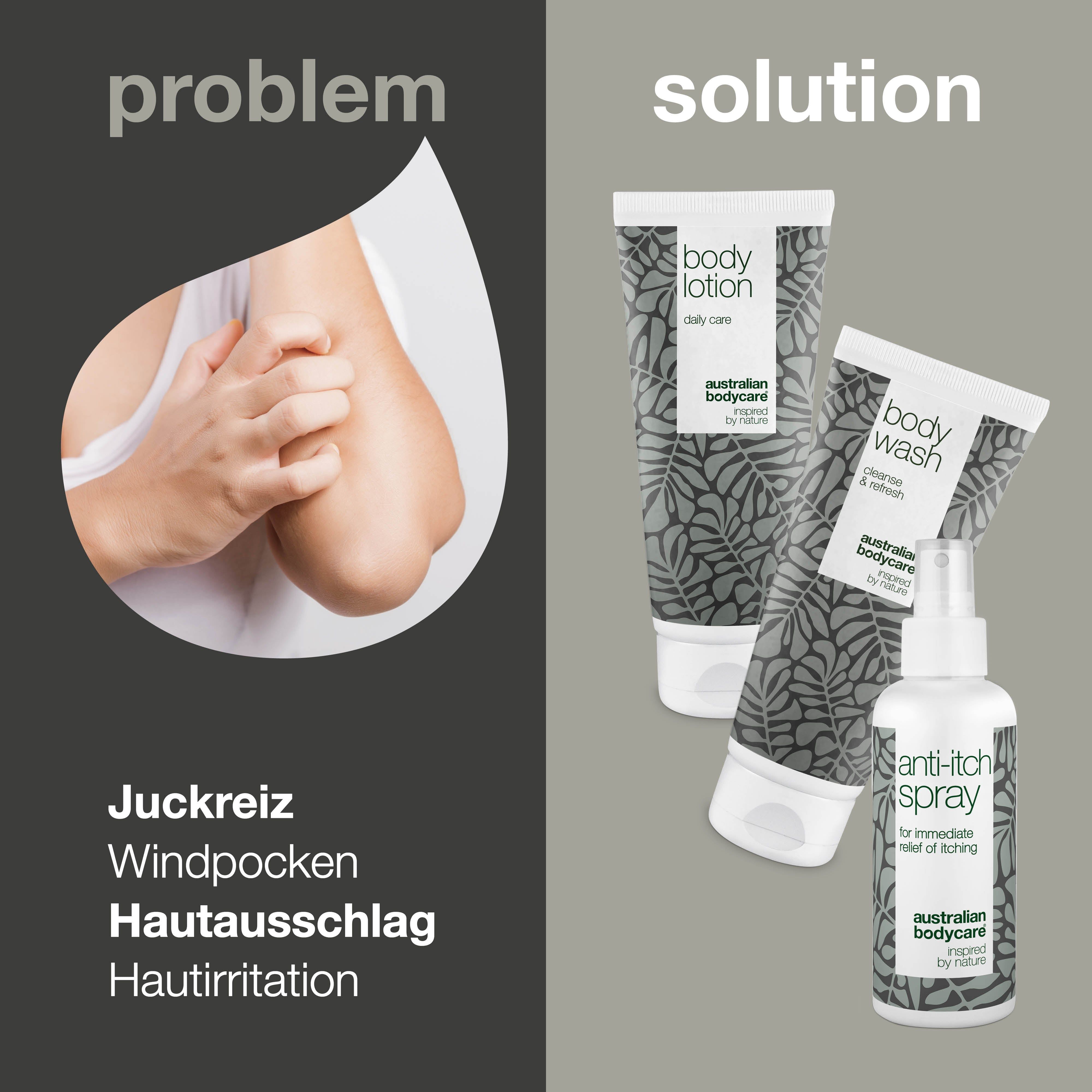 Vergleich von Problem und Lösung. Links: Juckreiz, Windpocken, Hautausschlag. Rechts: Produkte von Australian Bodycare.