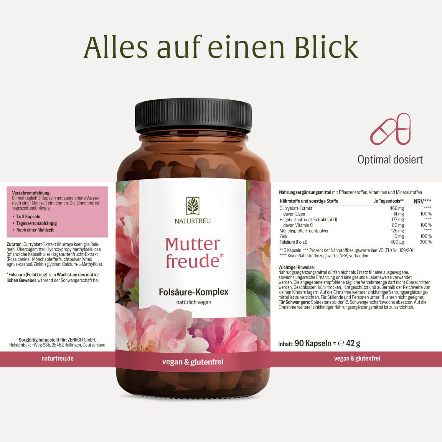 NATURTREU® Mutterfreude Folsäure-Komplex vegane Kapseln in Braunglasflasche. Beilage mit Nährwertangaben und Produktinformationen.