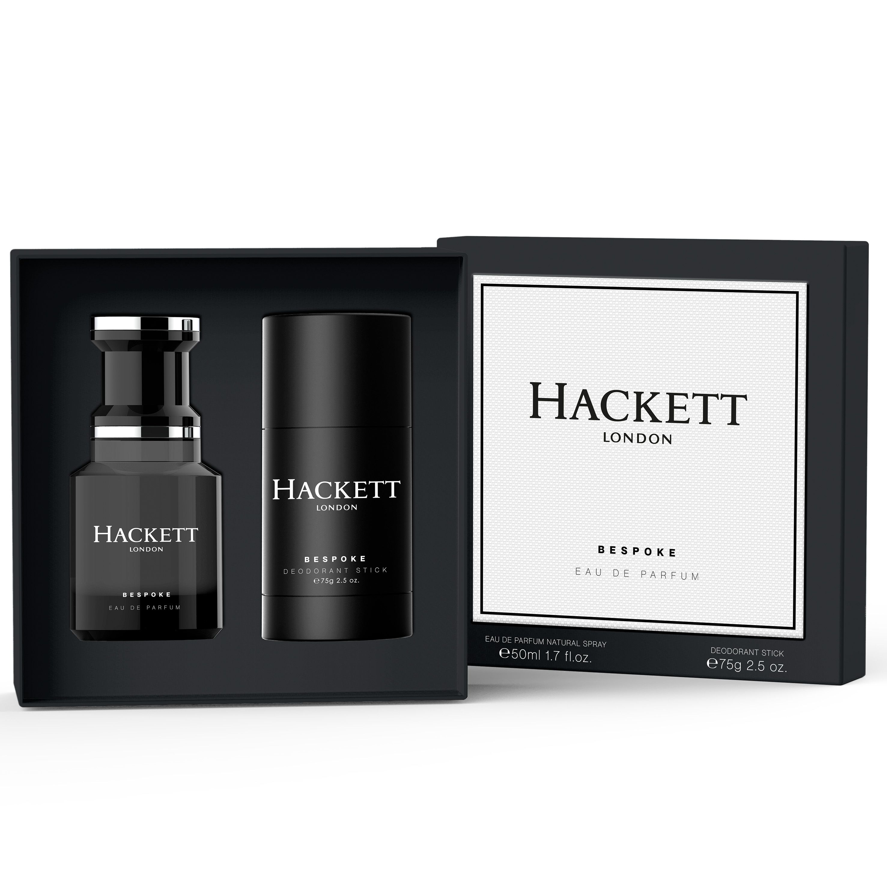 Geschenkset mit schwarzem Eau de Parfum und Deostick in einer schwarzen Schachtel. Hackett und Bespoke sind aufgedruckt.