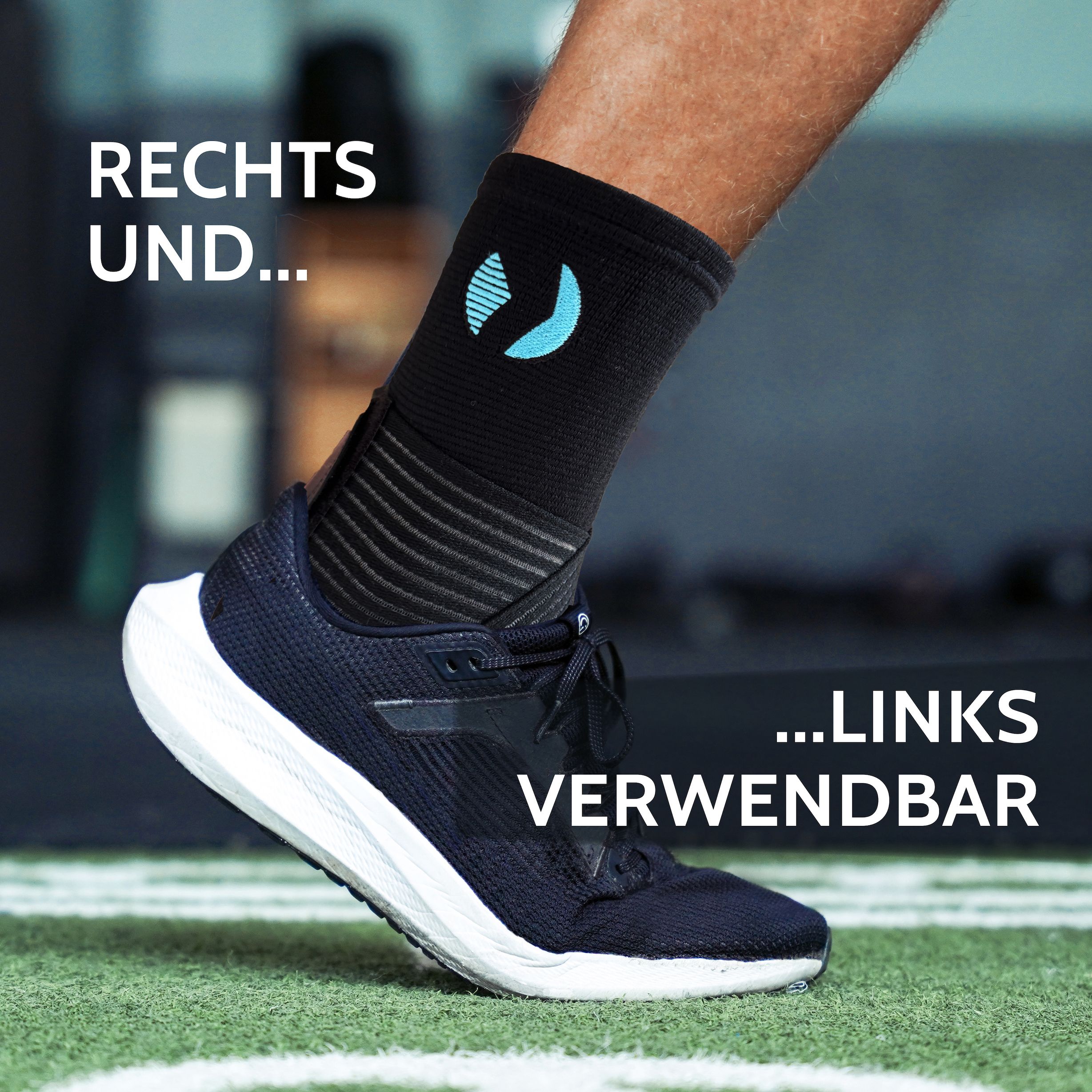 Nahaufnahme eines Beines mit Knöchelbandage und Schuh. Text: Rechts und... ...links verwendbar.