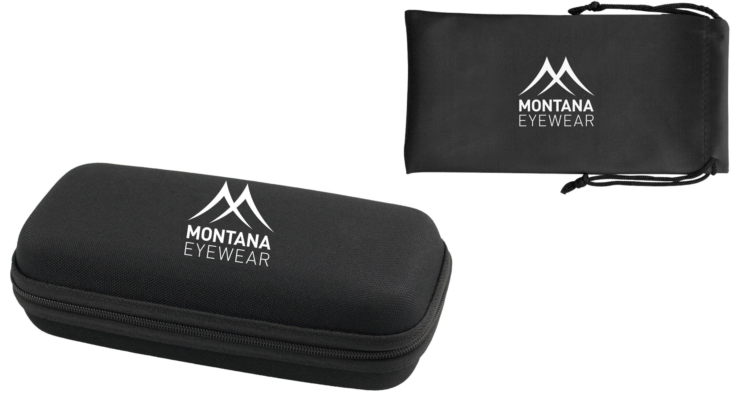 Schwarzes Brillenetui und Beutel mit Montana Eyewear Logo. Reißverschluss am Etui. Kordelzug am Beutel.
