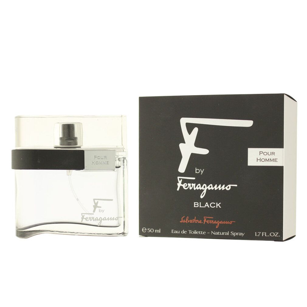 F by Ferragamo Black Eau de Toilette Spray für Herren. Schwarze Schachtel und Flakon. Logo und Schriftzug auf der Schachtel.