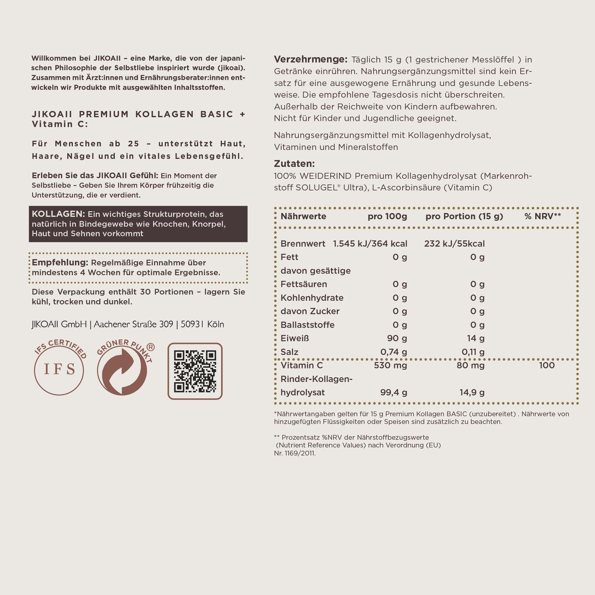 Text auf weißem Hintergrund. JIKOAII PREMIUM KOLLAGEN BASIC + Vitamin C. Nährwertangaben und Zutaten.