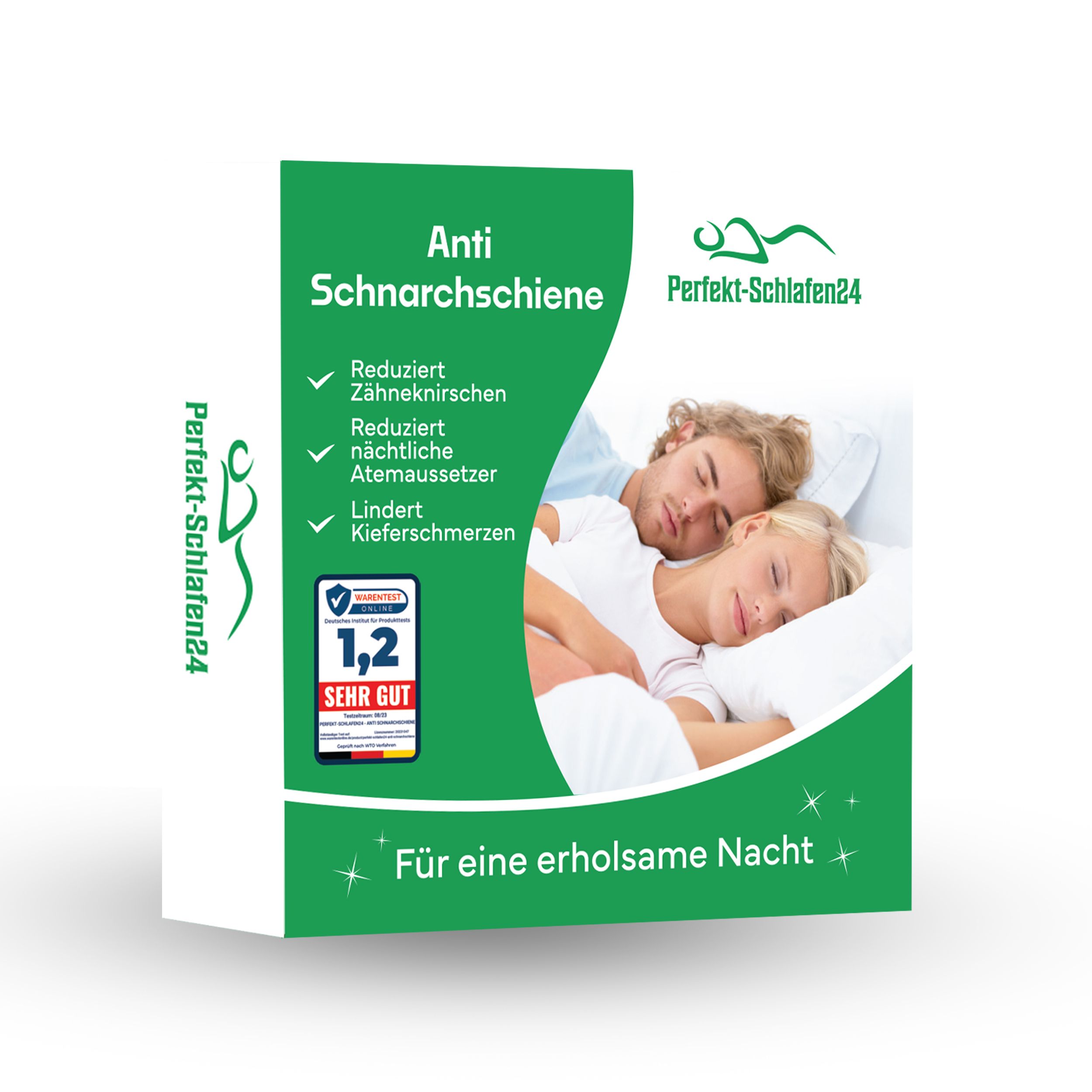 Verpackung der Anti-Schnarchschiene. Aufschrift: Reduziert Zähneknirschen, nächtliche Atemaussetzer. Logo: Perfekt-Schlafen24. Bewertung: Sehr Gut.