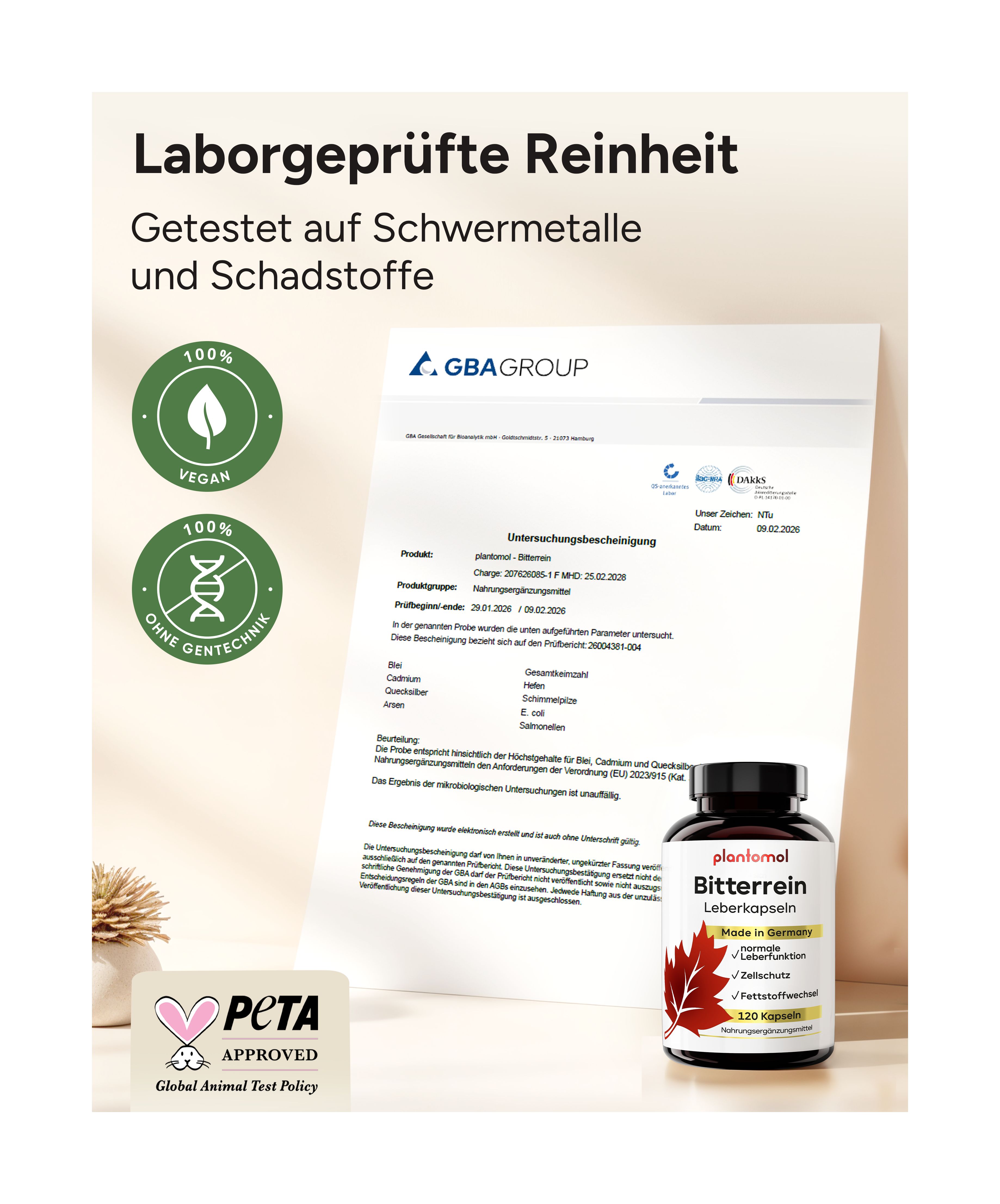 Laborbericht und Flasche Bitterrein Leberkapseln. Zertifizierungen: vegan, ohne Gentechnik, PETA-Siegel.