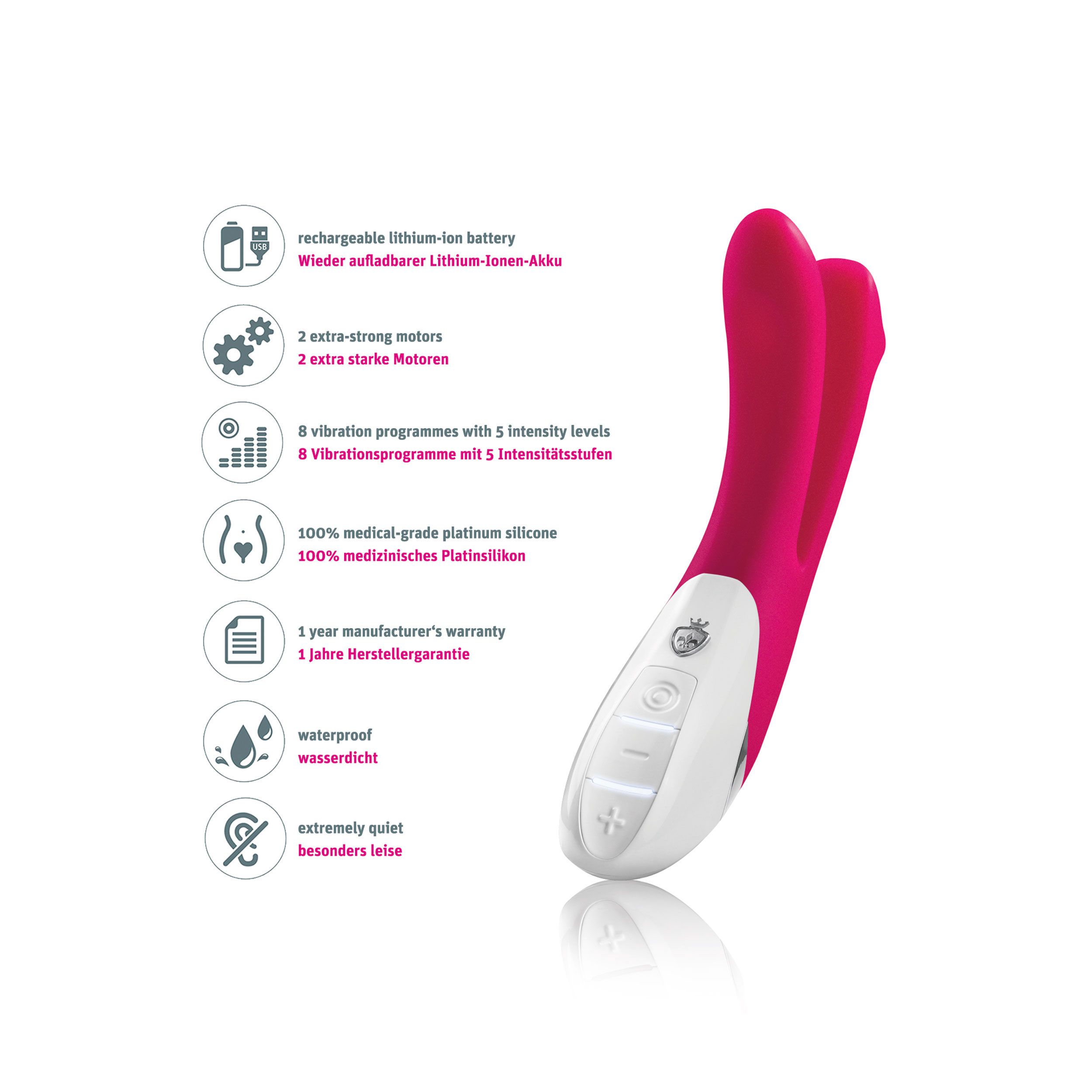 Rosa Vibrator mit zwei Köpfen und weißem Bedienfeld. Text: wiederaufladbarer Lithium-Ionen-Akku, 8 Vibrationsprogramme.
