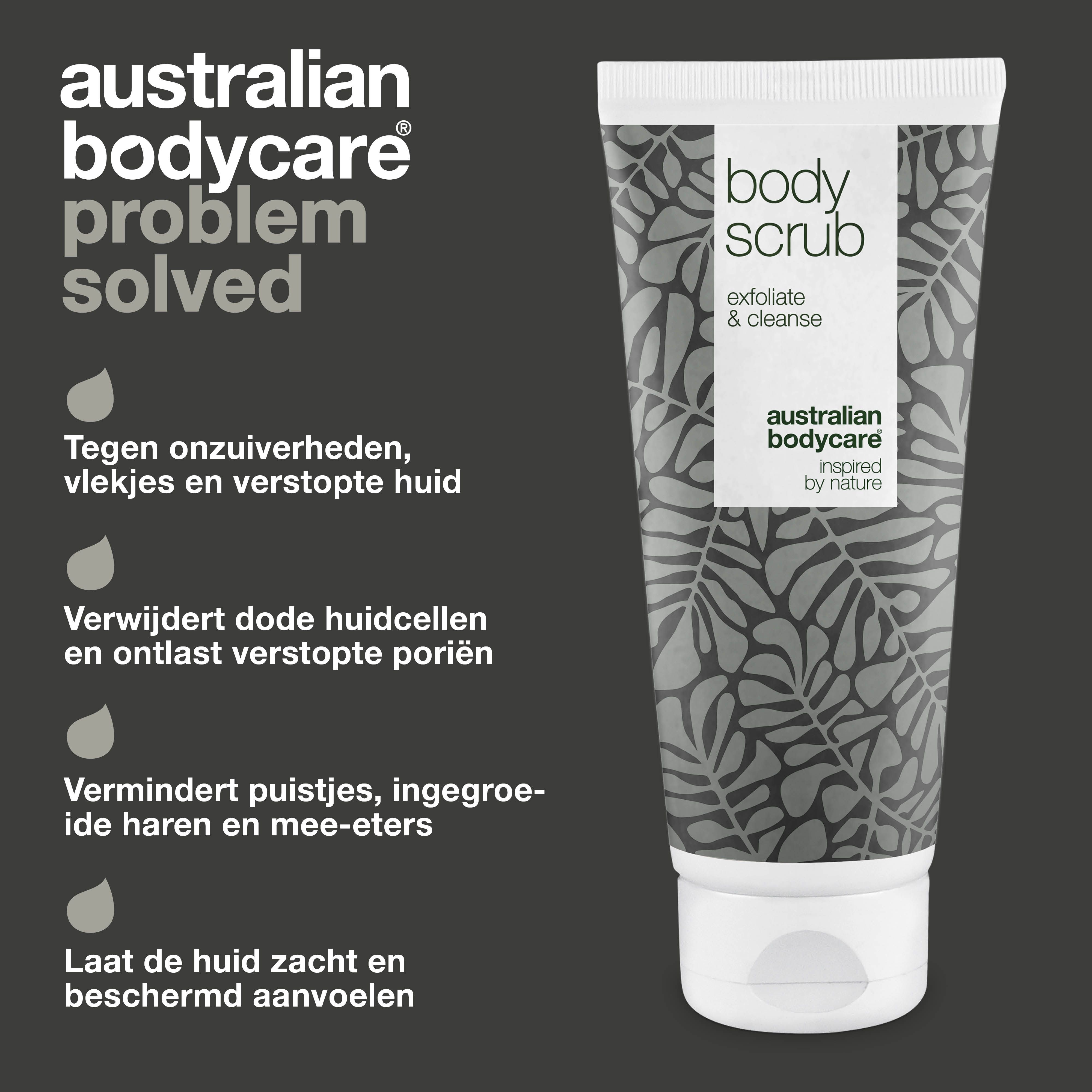 Afbeelding met probleem en oplossing. Tekst: Tegen onzuiverheden, puistjes. Body Scrub, Australian Bodycare.