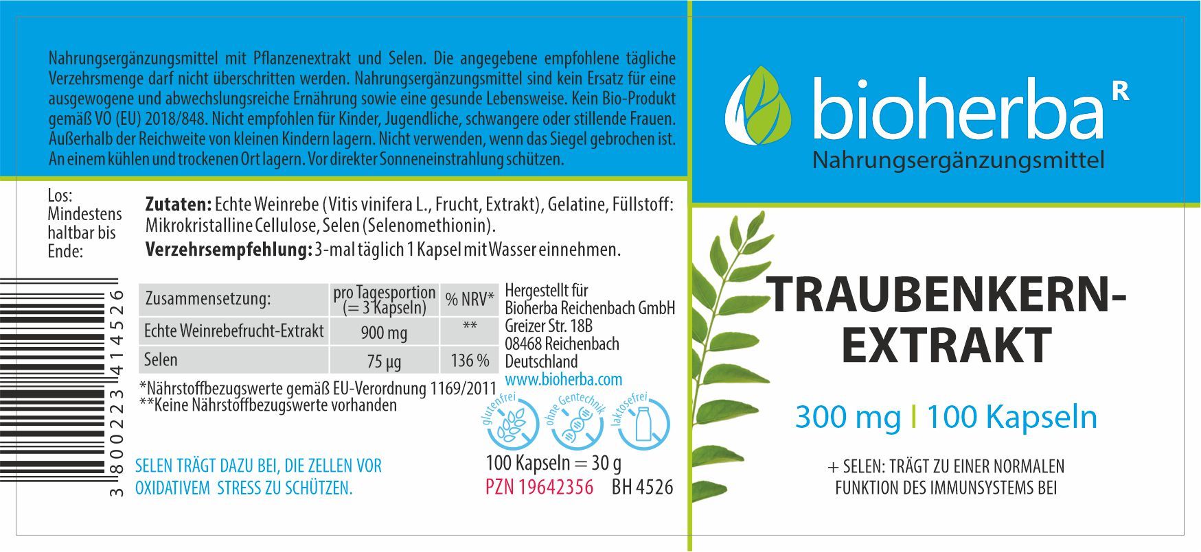 Bioherba Traubenkernextrakt Kapseln. Weiße Schrift auf blauem Hintergrund. Enthält 100 Kapseln. Zutatenliste und Nährwertangaben.