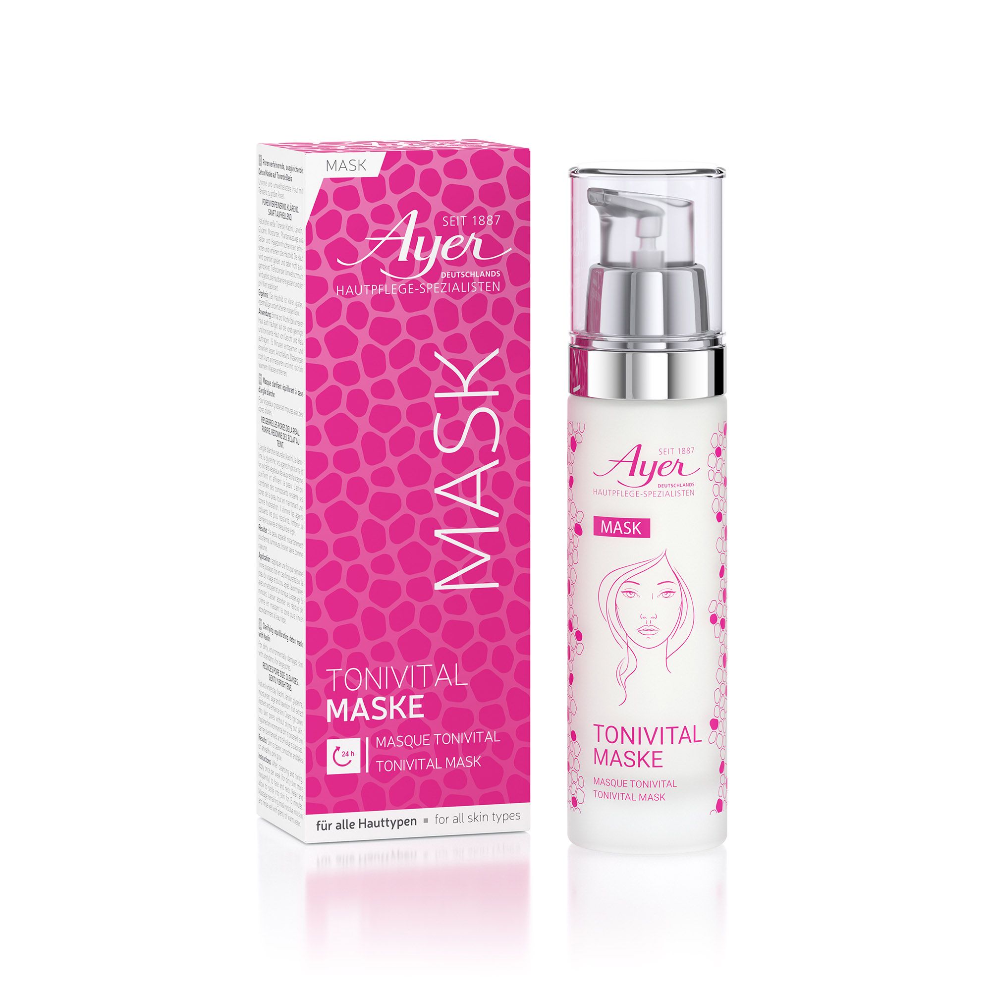 Ayer Tonivital Maske. Flasche mit Dosierpumpe und Verpackung. Rosa-weißes Design. Text: Maske, Tonivital Maske, für alle Hauttypen.