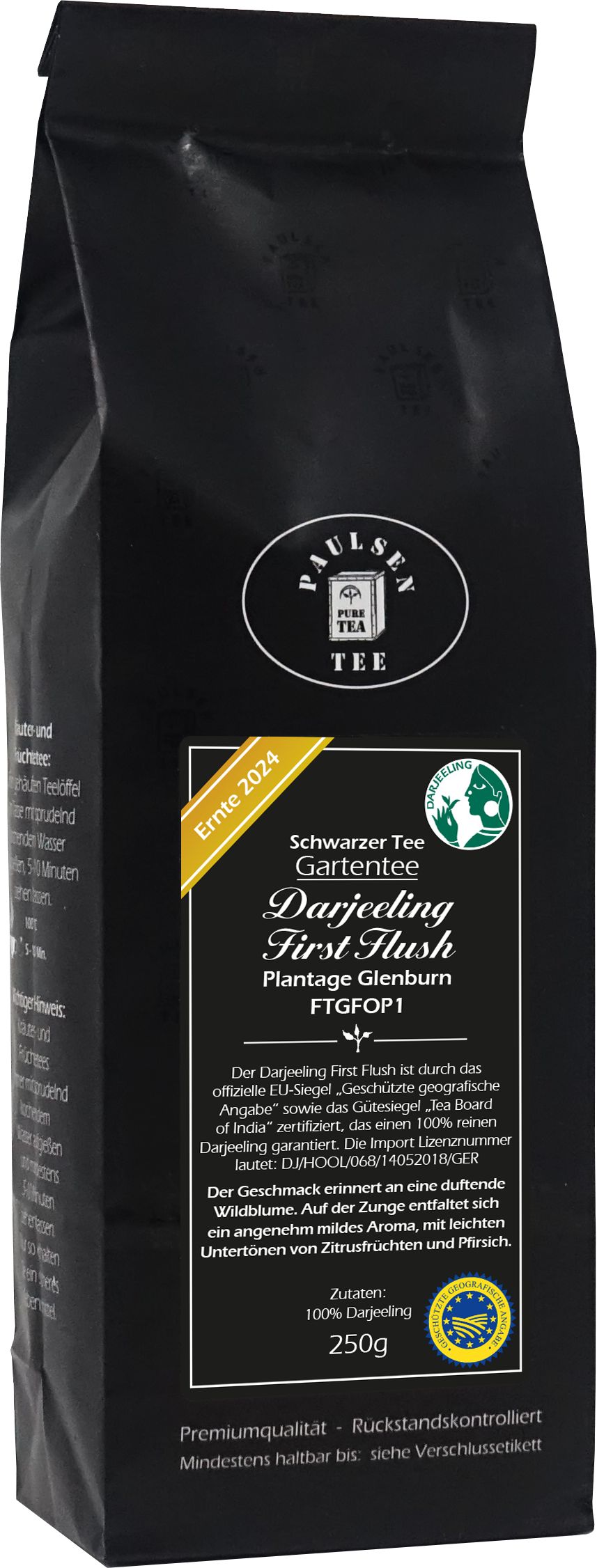 Schwarzer Tee-Packung. Text: Paulsen, Darjeeling First Flush FTGFOP1, Ernte 2024, Plantage Glenburn. Schwarze Verpackung mit weißem Etikett.