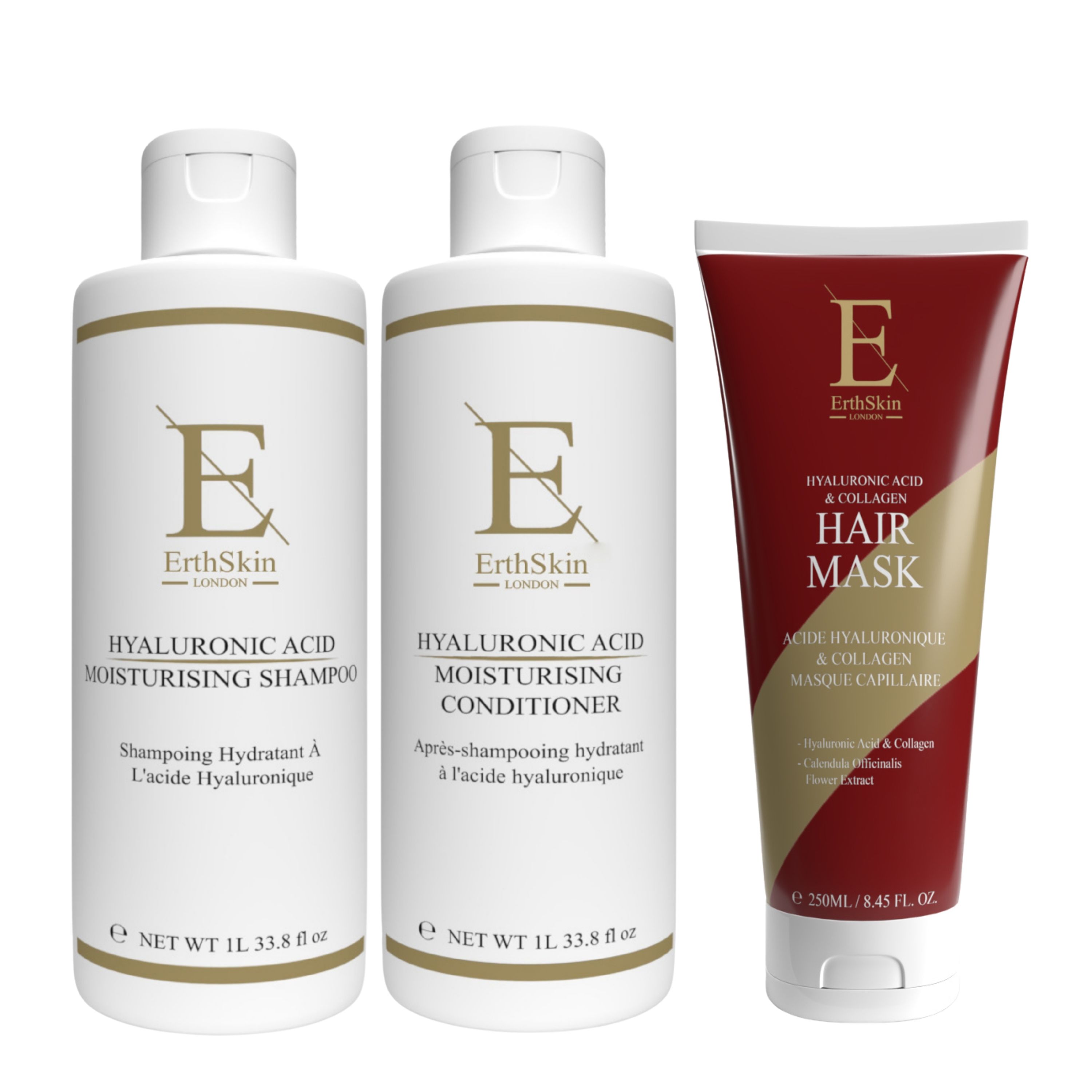 ErthSkin London Shampoo + Balsamo + Maschera per Capelli all'Acido Ialuronico