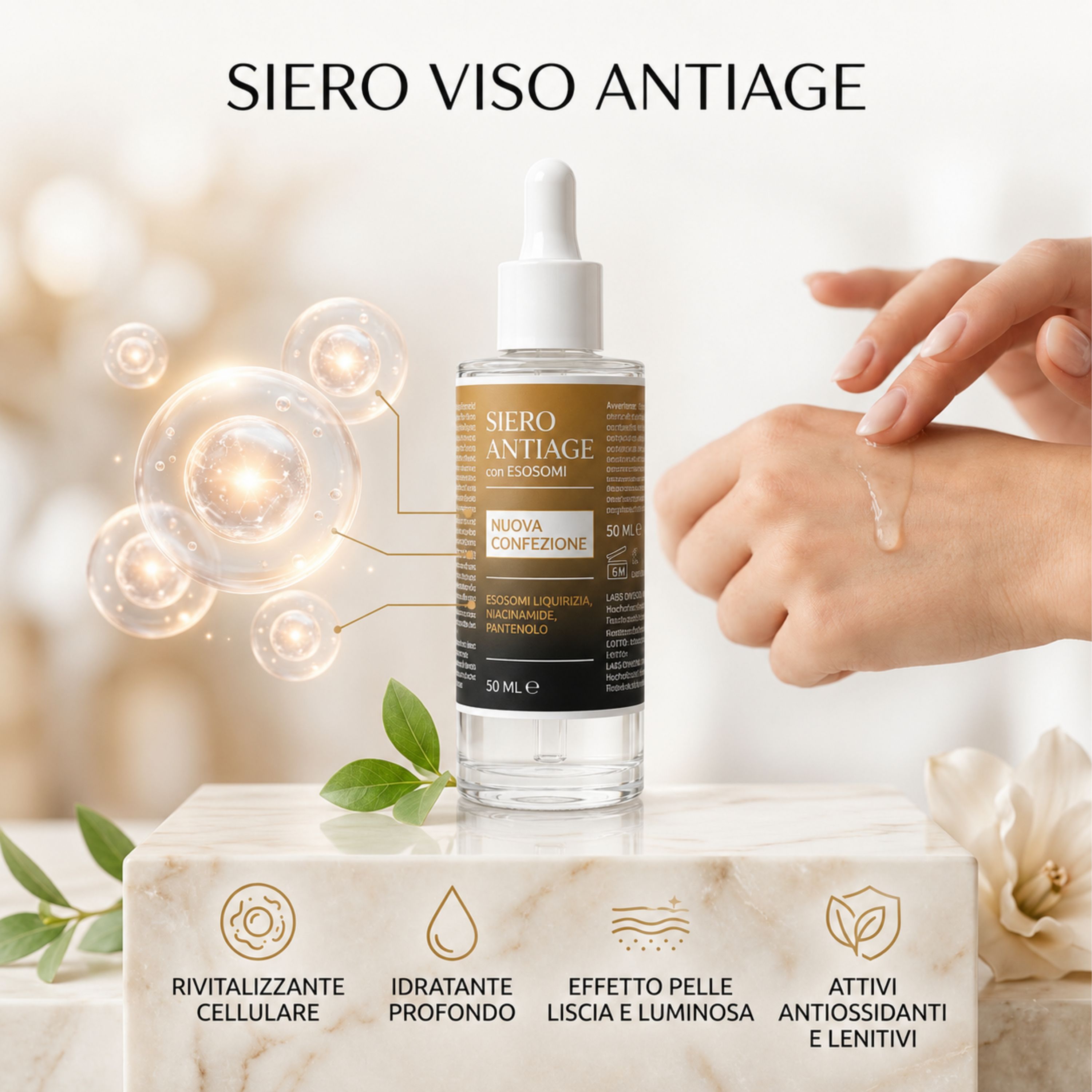 Serumflasche mit Pipette. Aufschrift: Siero Antiage con Esosomi. Hand mit Serum. Illustrationen von Zellen.