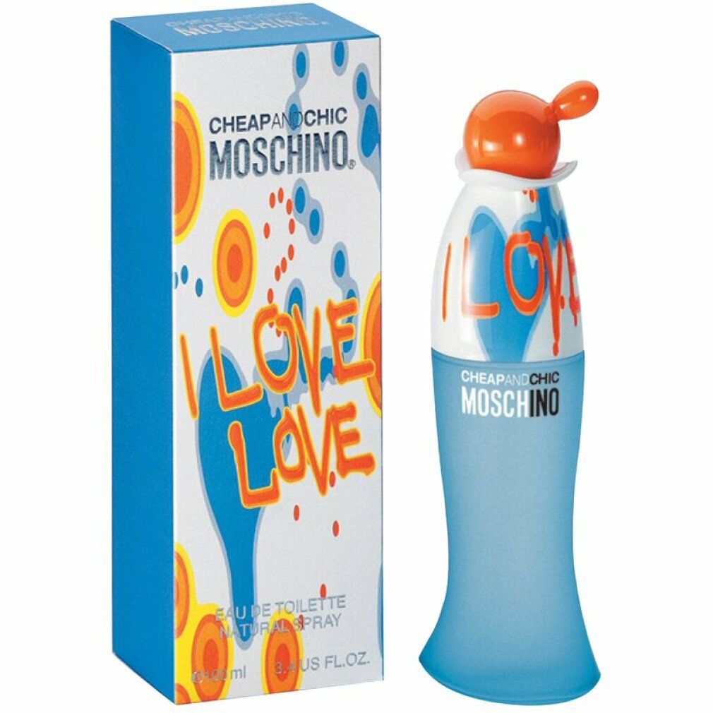 Parfümflakon und Verpackung. Flakon: hellblau, orangefarbener Verschluss, "I LOVE" in Orange, "MOSCHINO" in Blau. Verpackung: blau, weiß, Schrift.