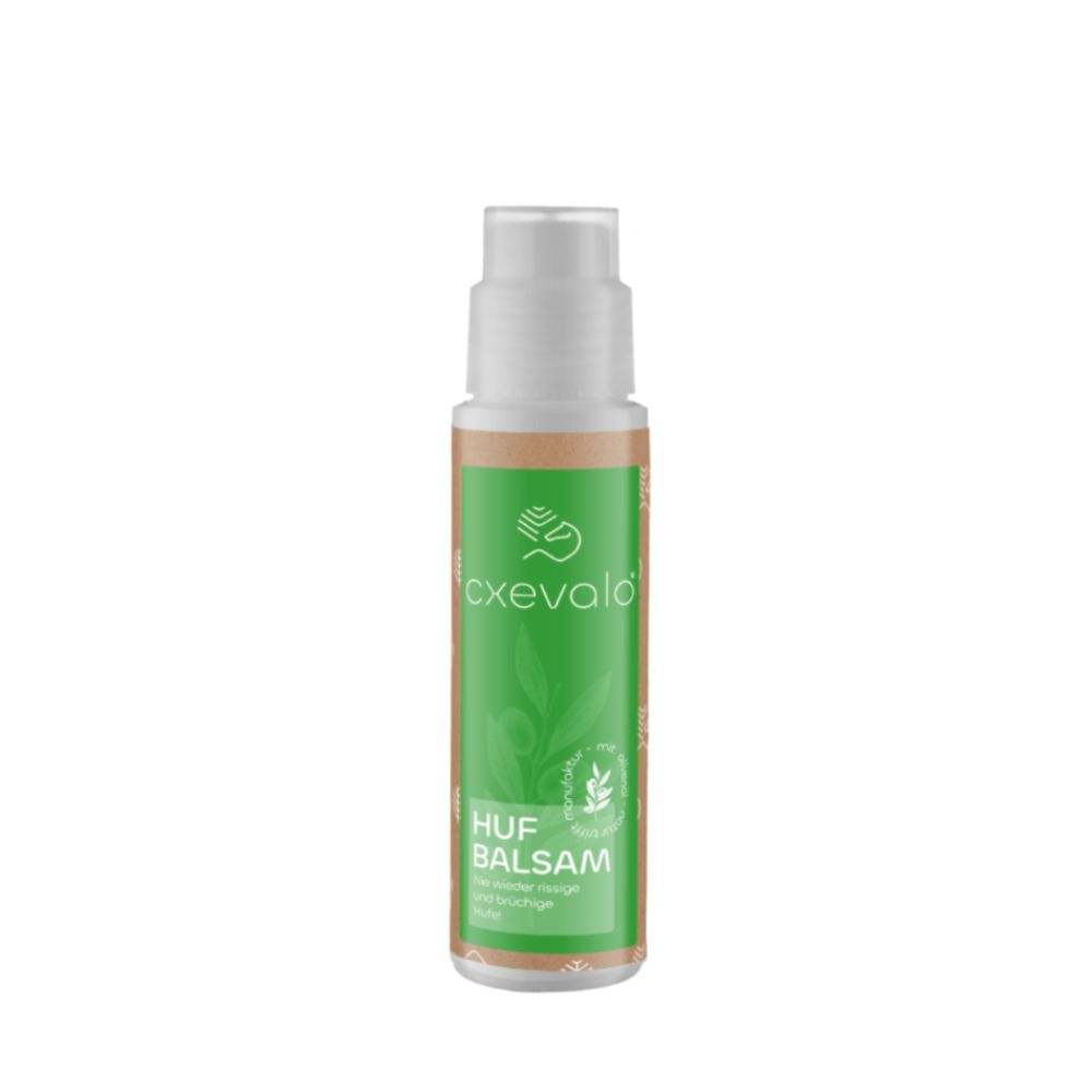 Flasche mit weißem Pumpkopf. Etikett mit grünem Feld, Schriftzug und Logo. Aufschrift: Huf Balsam.