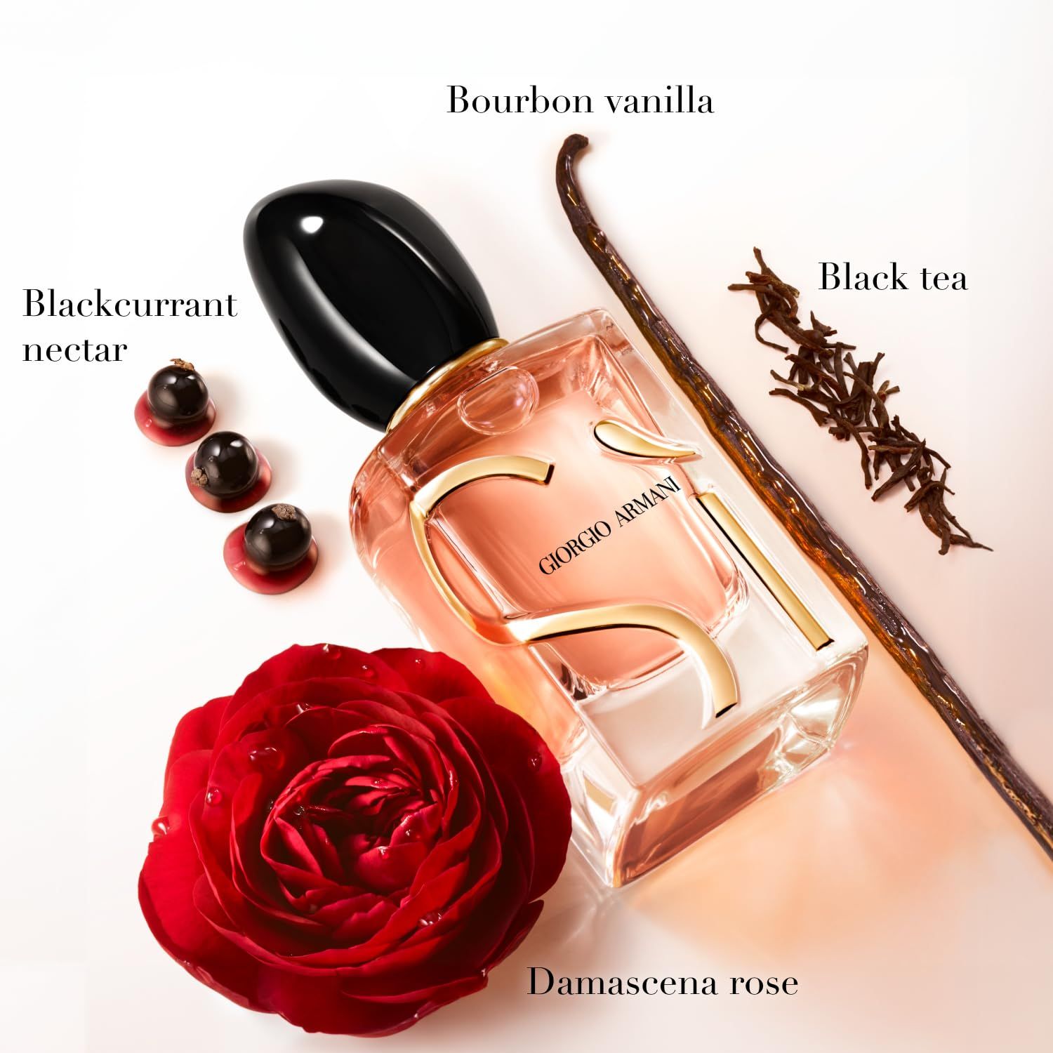 Giorgio Armani Si Eau de Parfum Intense. Flakon mit schwarzem Deckel, daneben Bourbon-Vanille, schwarzer Tee, Rose und Johannisbeer-Nektar.